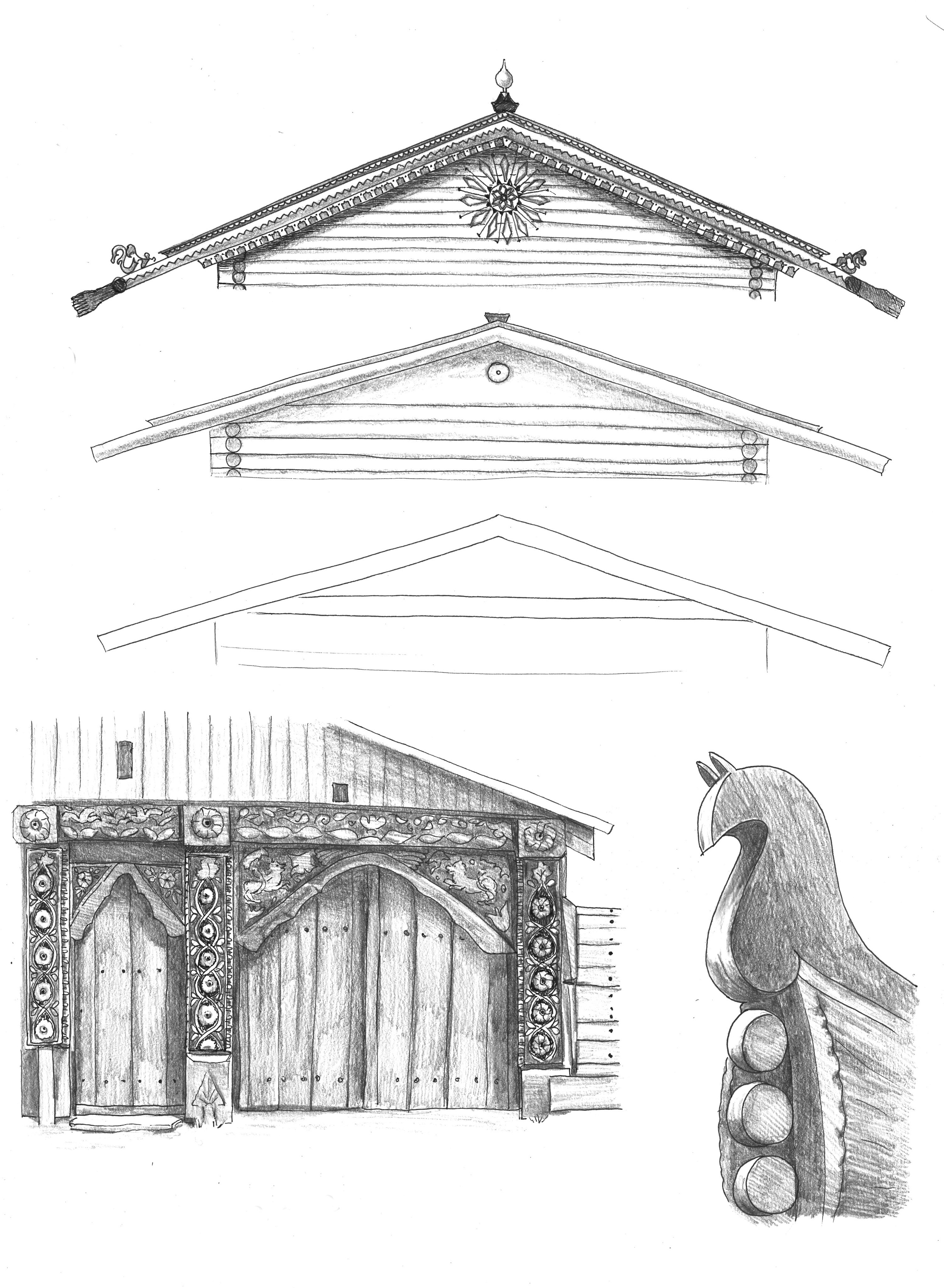Отрисовка деталей русской избы, карандаш, 2006