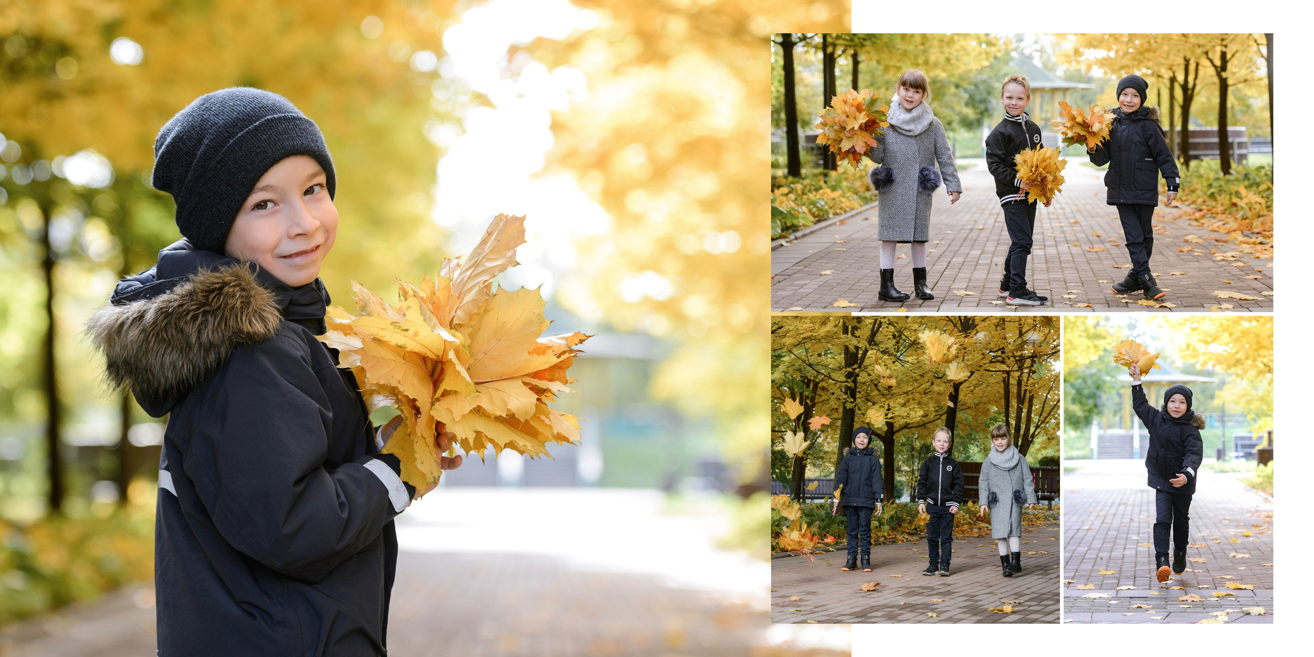 Разворот с осенней съёмкой: крупный портрет мальчика с букетом осенних листьев и коллаж из нескольких дополнительных кадров. 