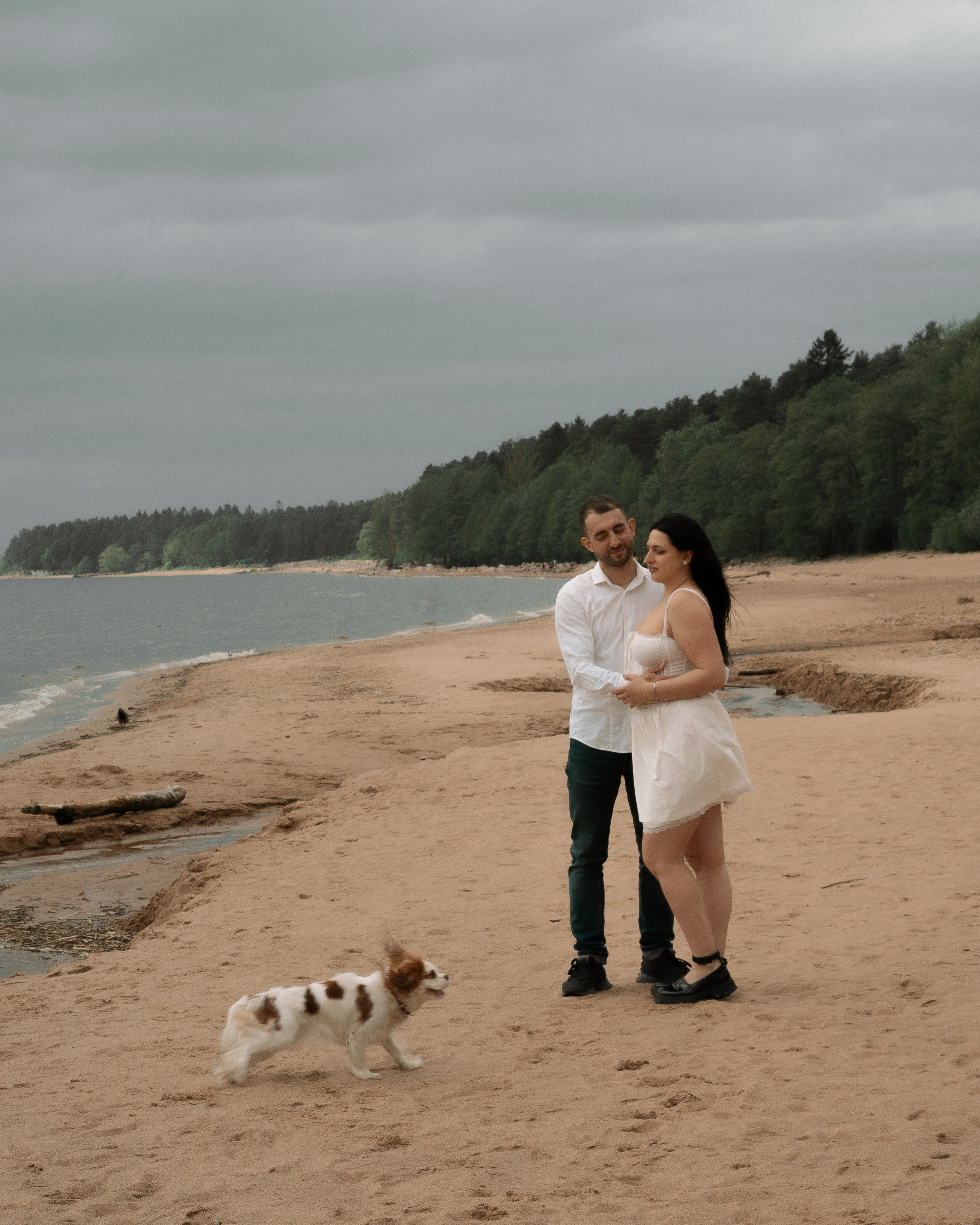 свадебная фотосессия пары с собакой на берегу Финского залива, Санкт-Петербург