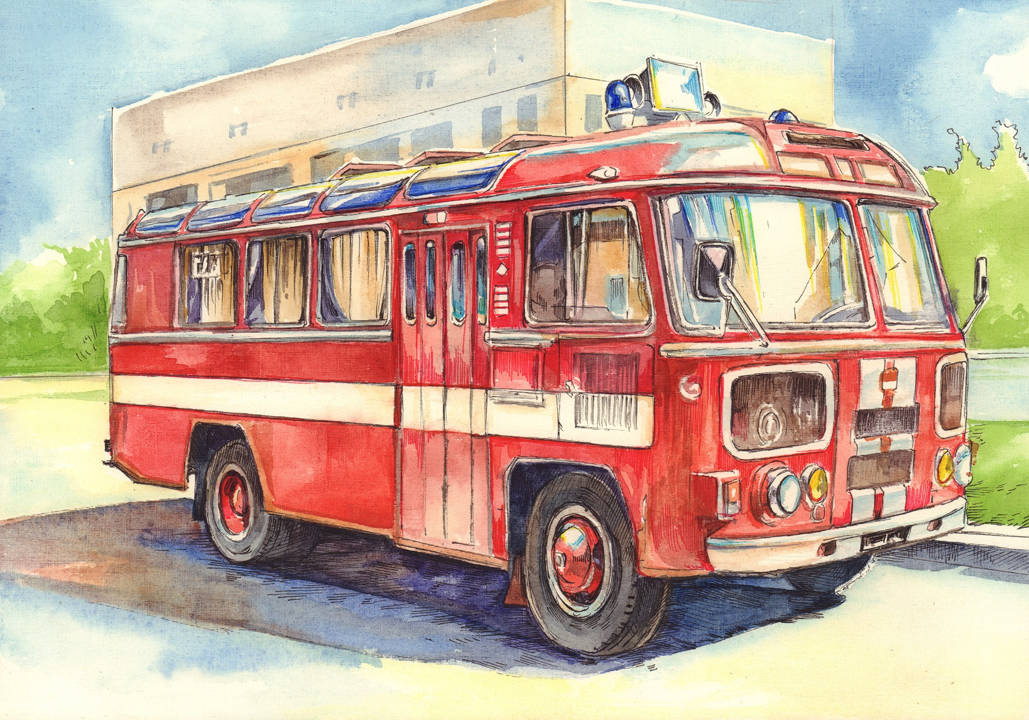 Автомобиль АСО пожарной охраны на базе автобуса ПАЗ-672. Акварель, тушь, 2024 год. Художник Александр Петрунин