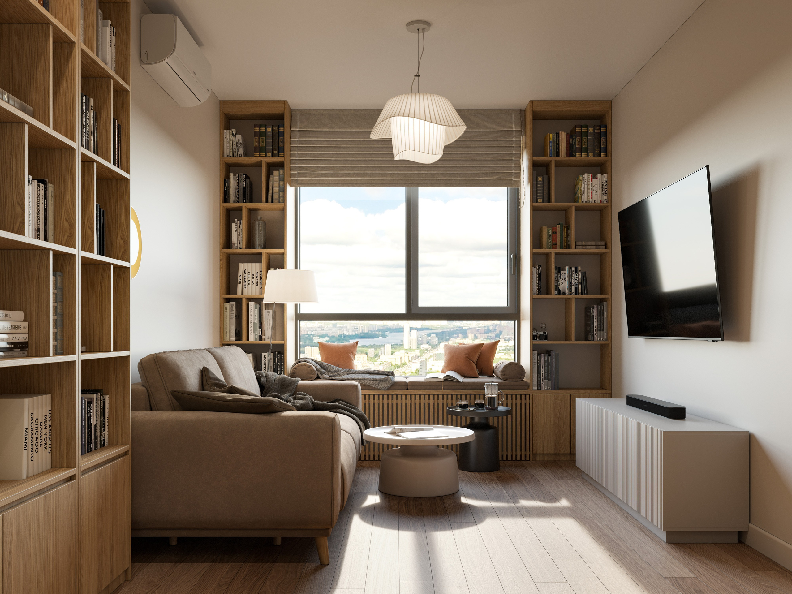 Визуализация гостиной с диваном и кофейным столиком в квартире для девушки