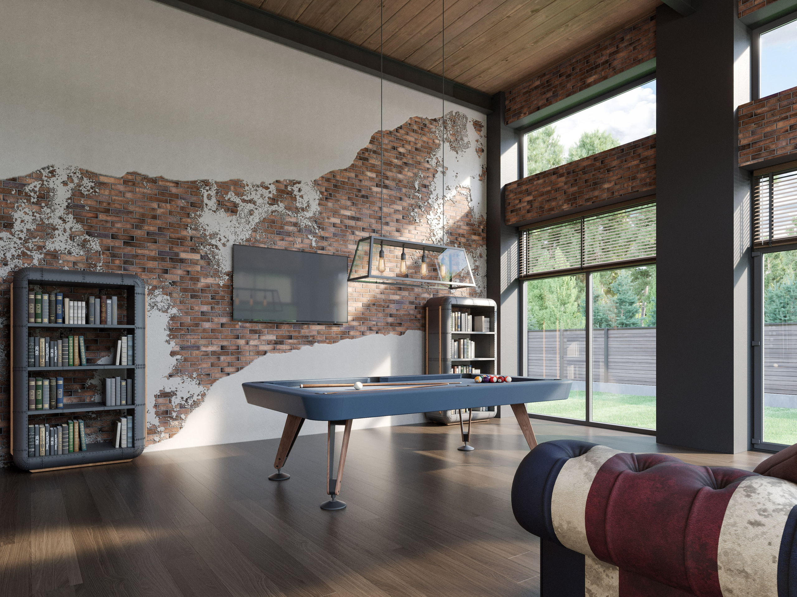 Гостиная с панорамным остеклением и стеллажами авиаторами на фоне разрушенной кирпичной стены