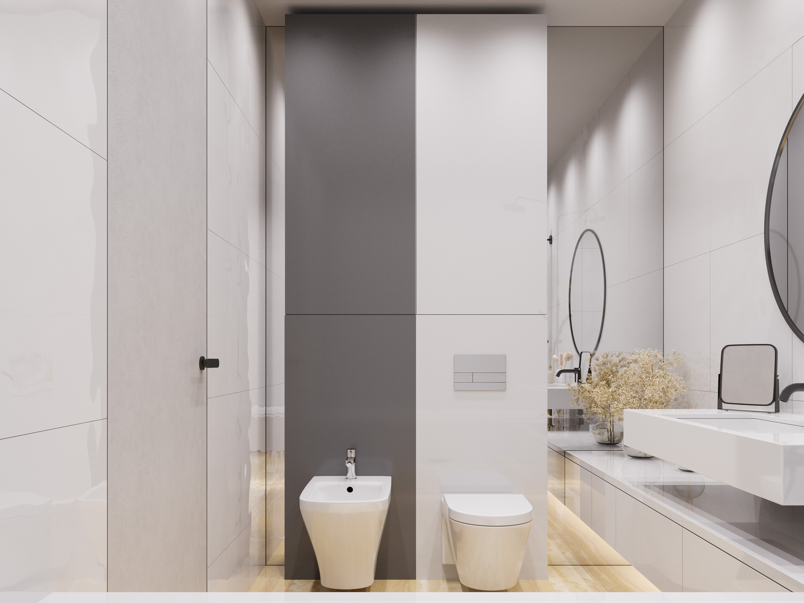 Отделка санузла крупноформатной плиткой: сочетание матовых и глянцевых поверхностей