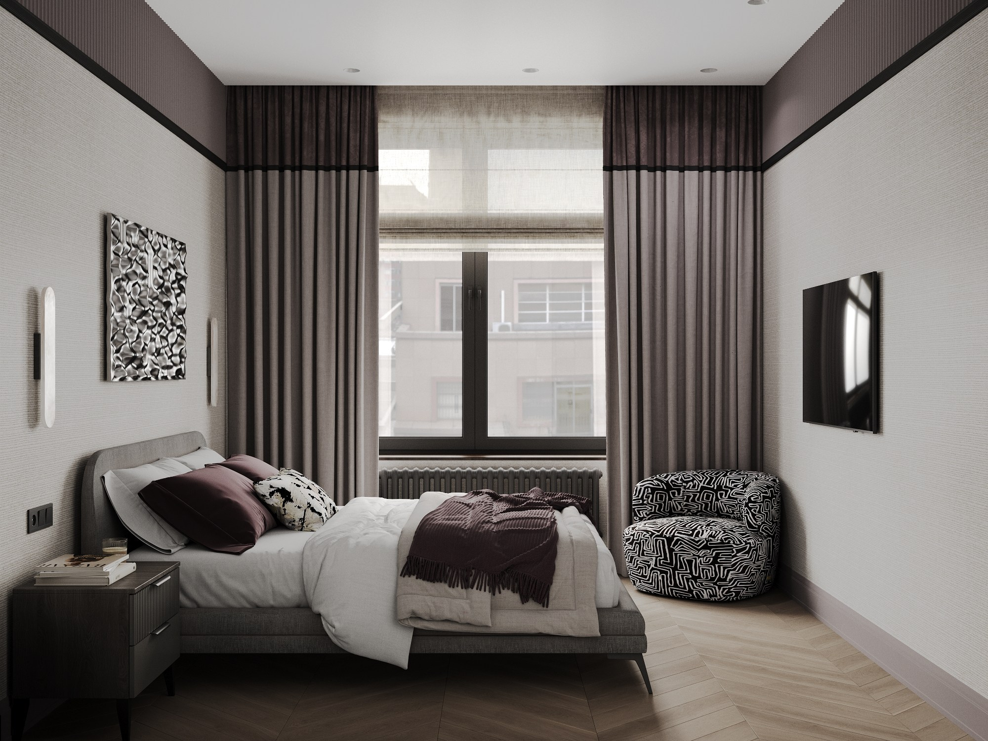 дизайн интерьера мастер спальни, стеновые панели под потолком, обои с текстурой ткани