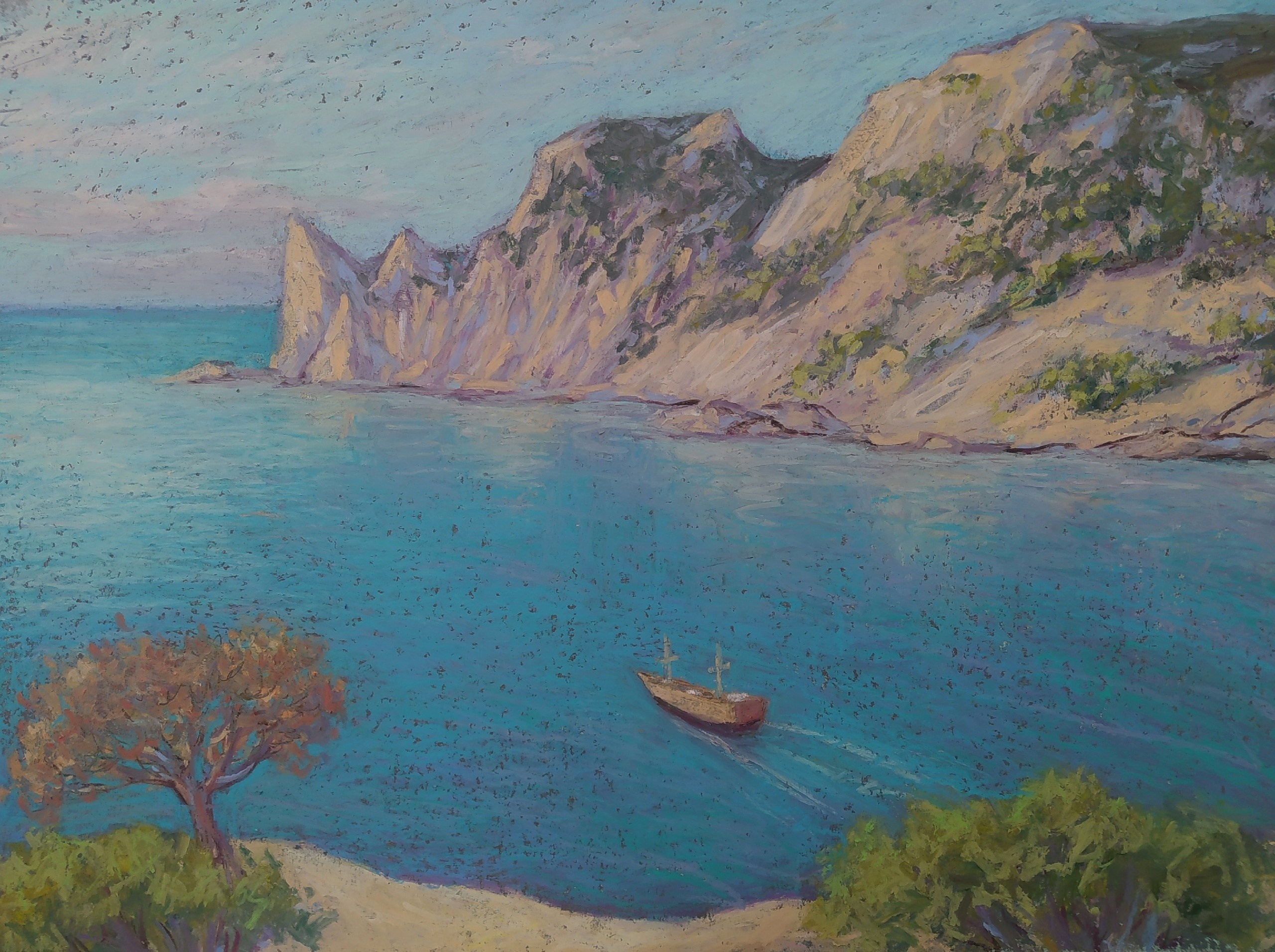 Пейзаж масляной пастелью, рисунок - Морская лазурная бухта и горы