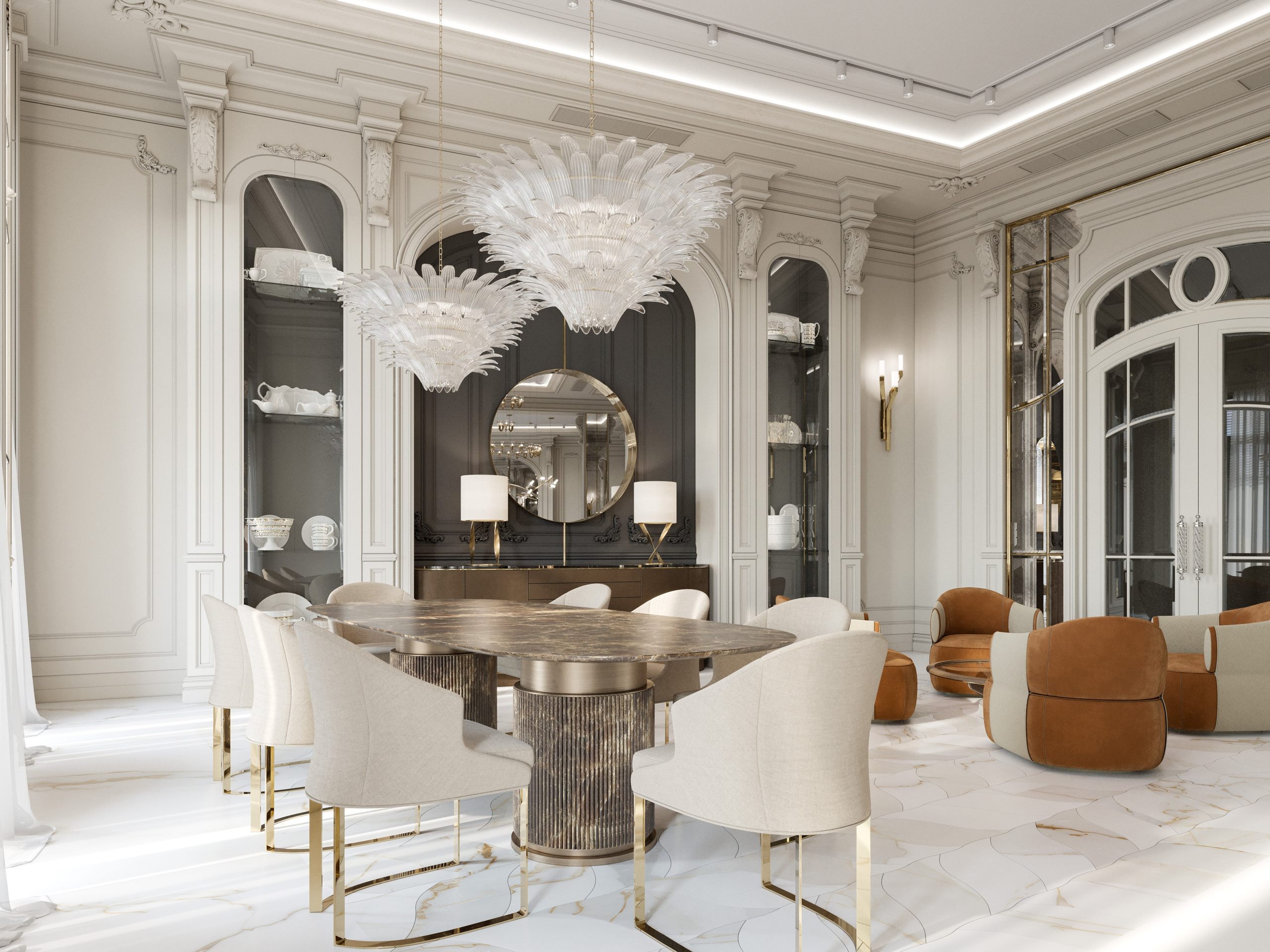 3D визуализация гостиной-столовой в классическом стиле с лепным потолком и мраморным полом