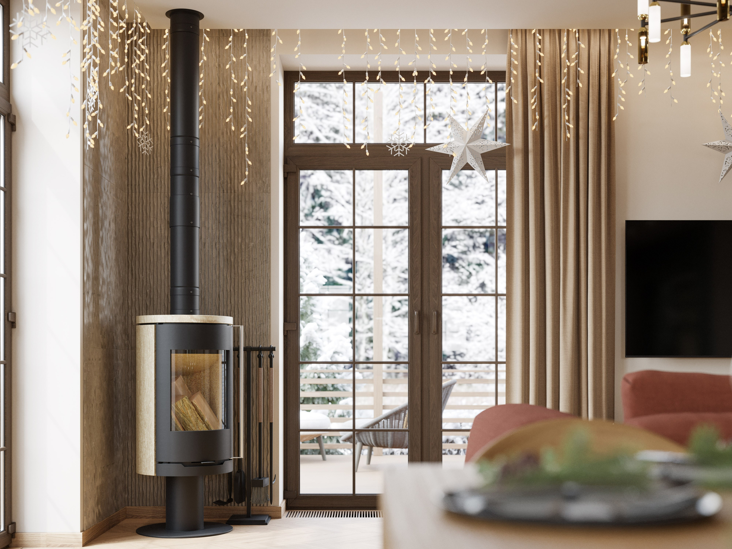 Уютная и новогодняя атмосфера в кухне-гостиной