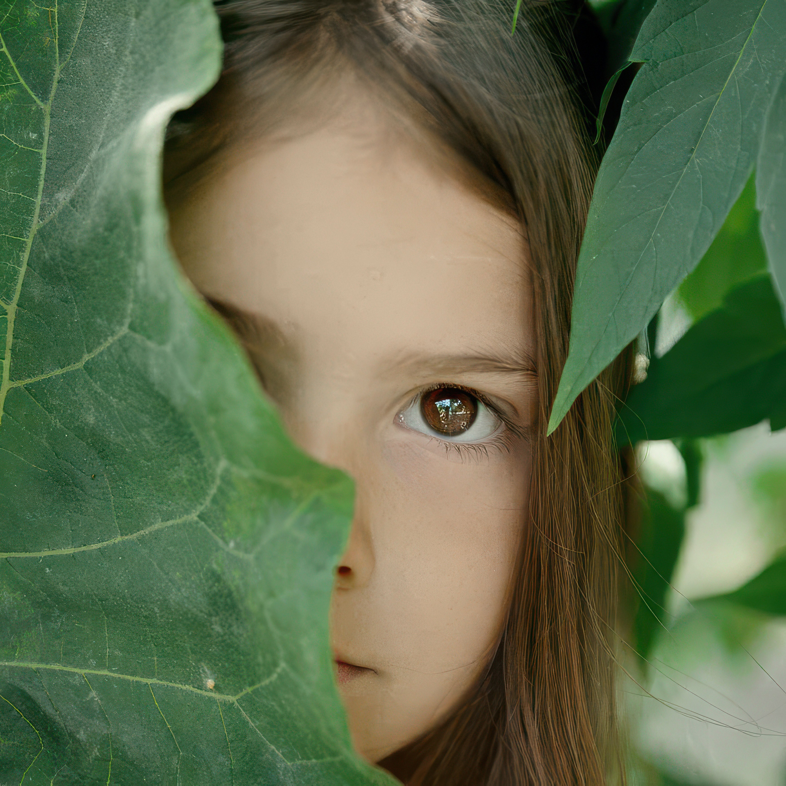 Детская фотосессия летом - девочка выглядывает из-за листьев