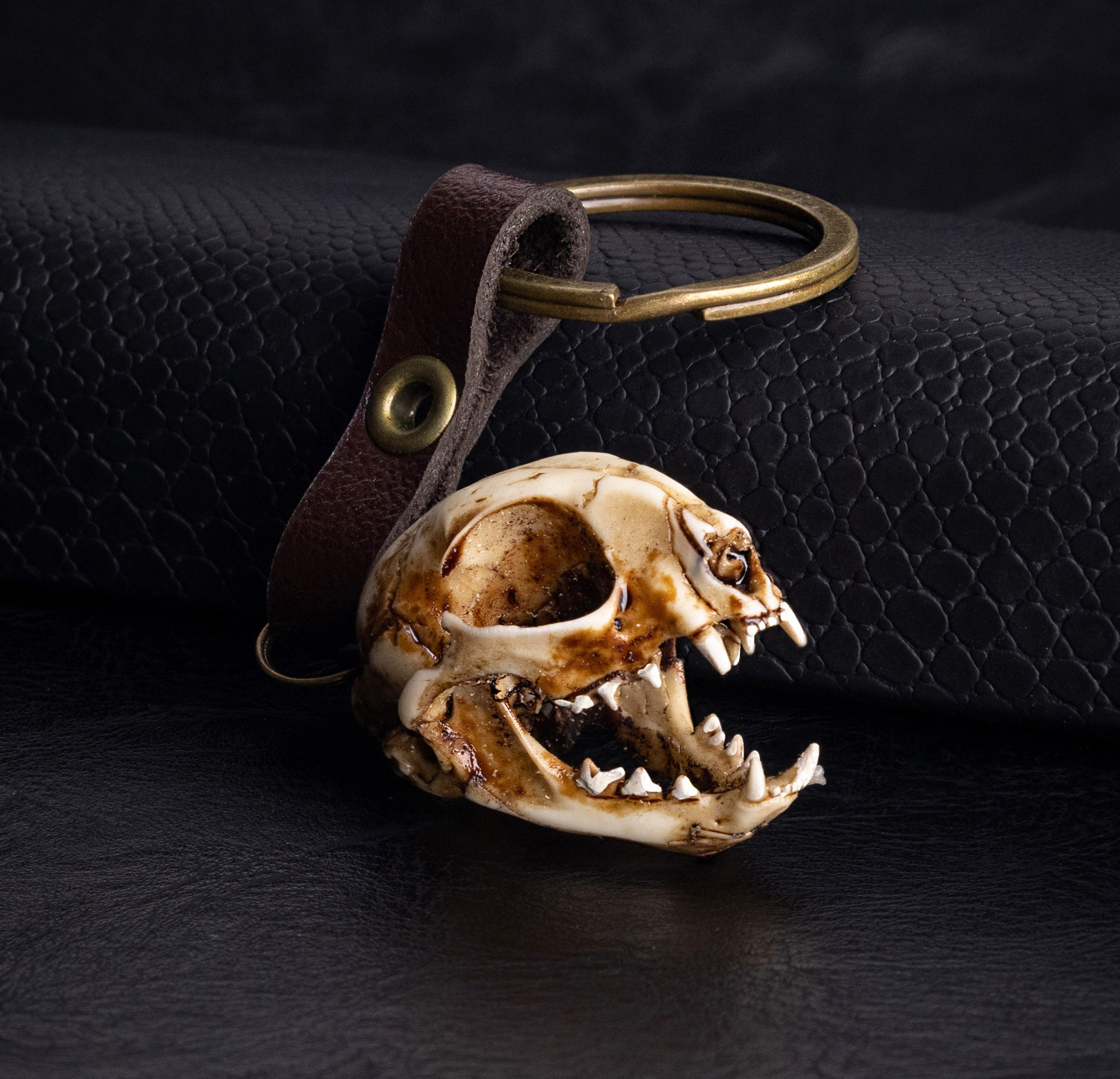 Миниатюрный череп кота с кожаной подвеской | Имиджевое фото для бренда