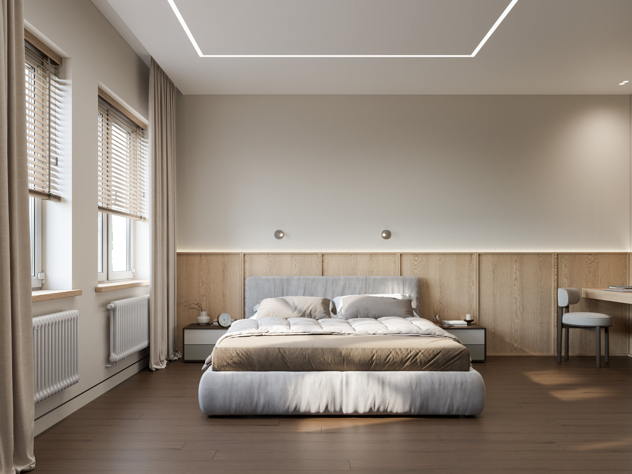 Визуализация спальни в стиле минимализм с кроватью с деревянным изголовьем и бежевым текстилем