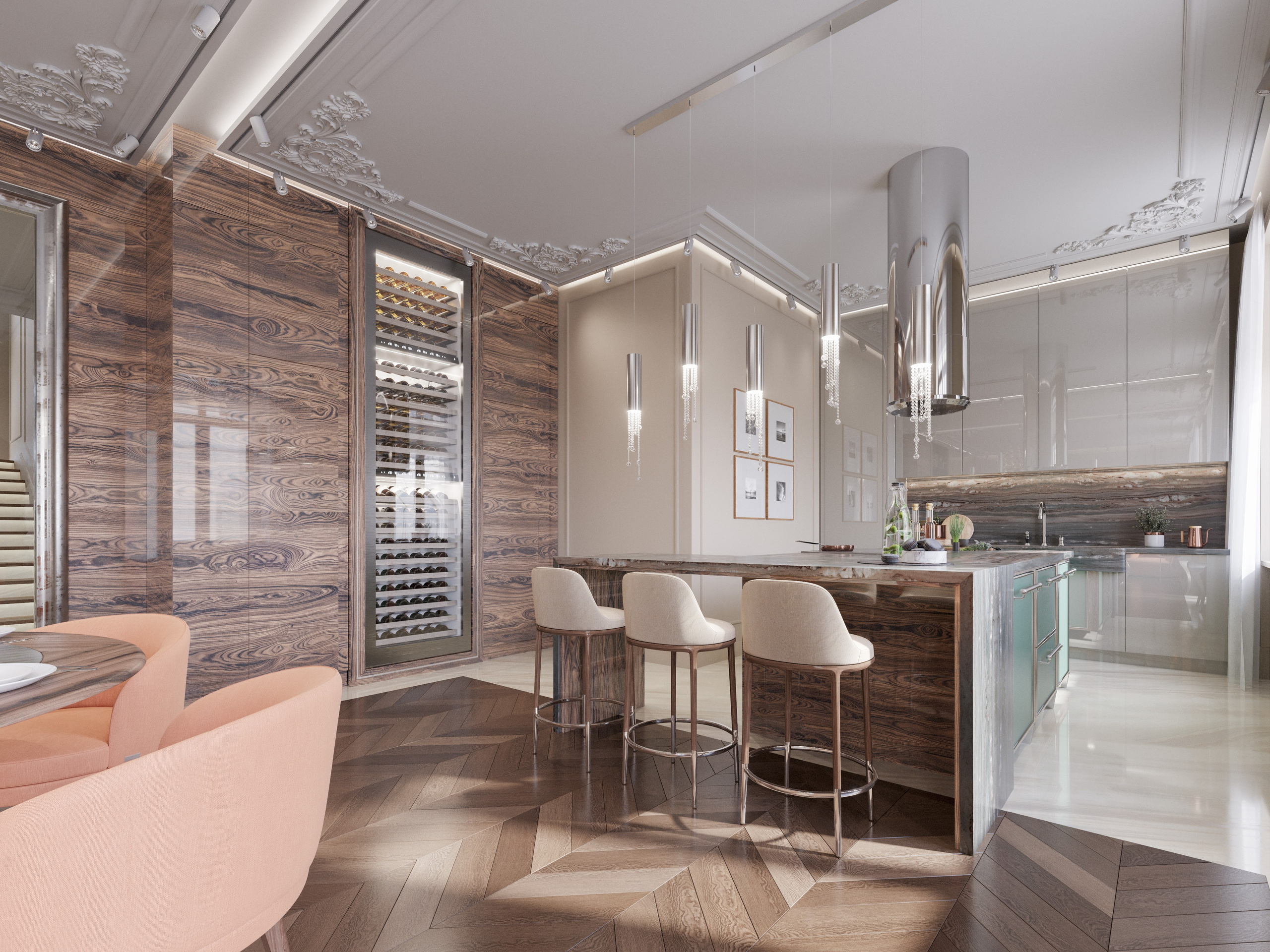 Дизайн современной кухни с островом в двухэтажной квартире, фасады глянец и мат.