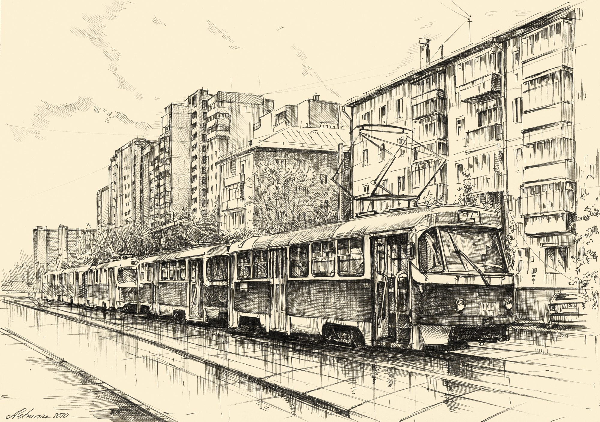Трамваи. Художник Александр Петрунин