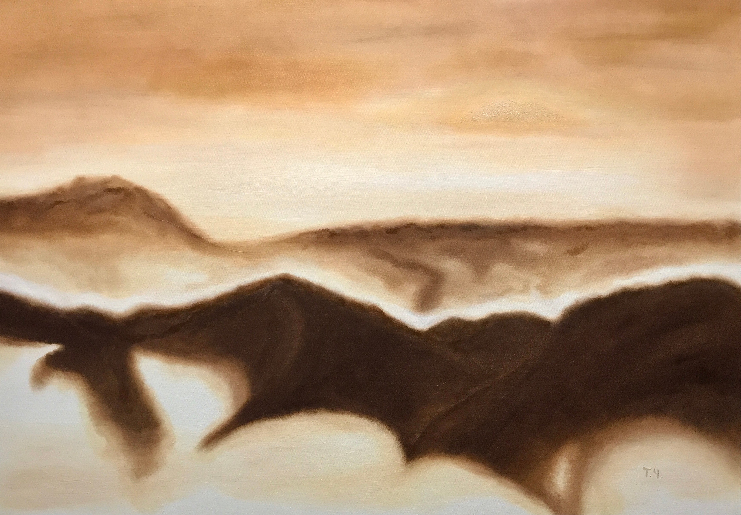 Абстрактная картина в мягких, кофейных, бежевых тонах стилизованной пустыни поздним вечером.