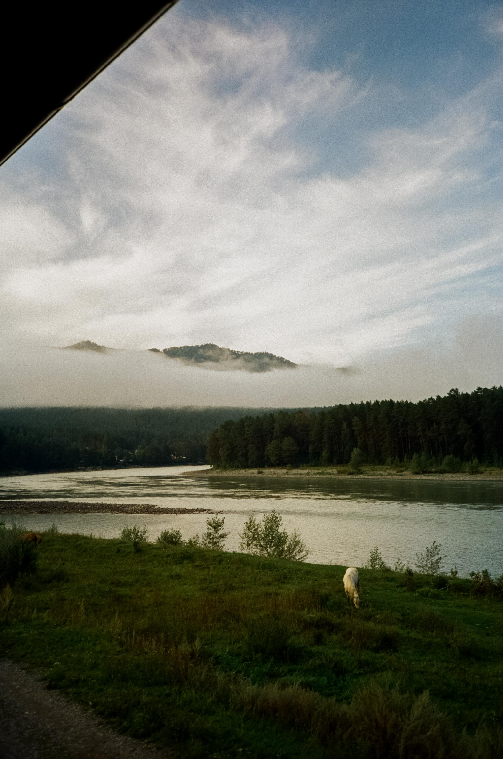 Гора Синюха в тумане и Катунь в жаркий день. У коттеджа Бережок. Фотограф-документалист Мария Осокина