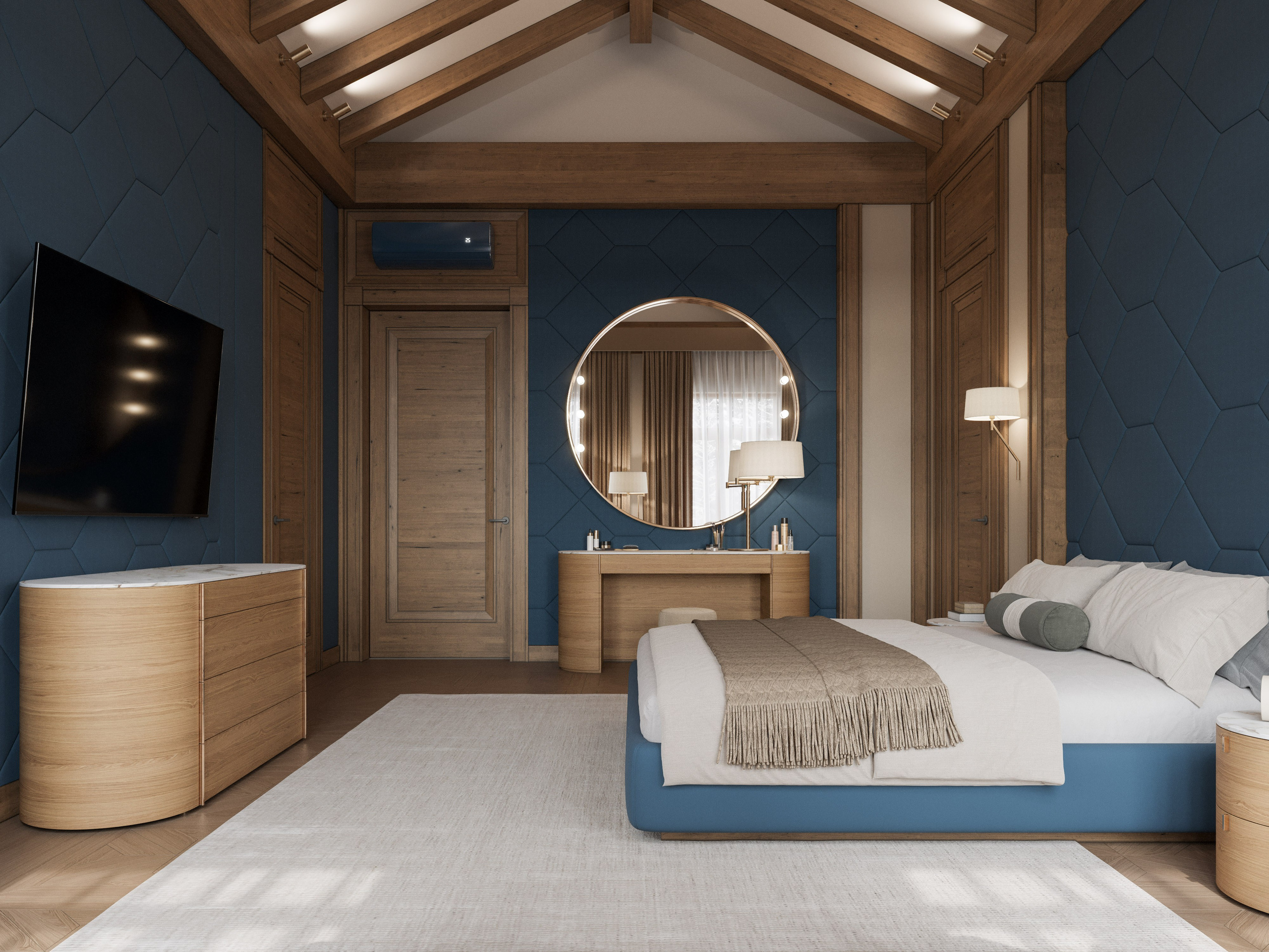 Спальная зона в срубе с балками на потолке и точечным освещением - 3D визуализация