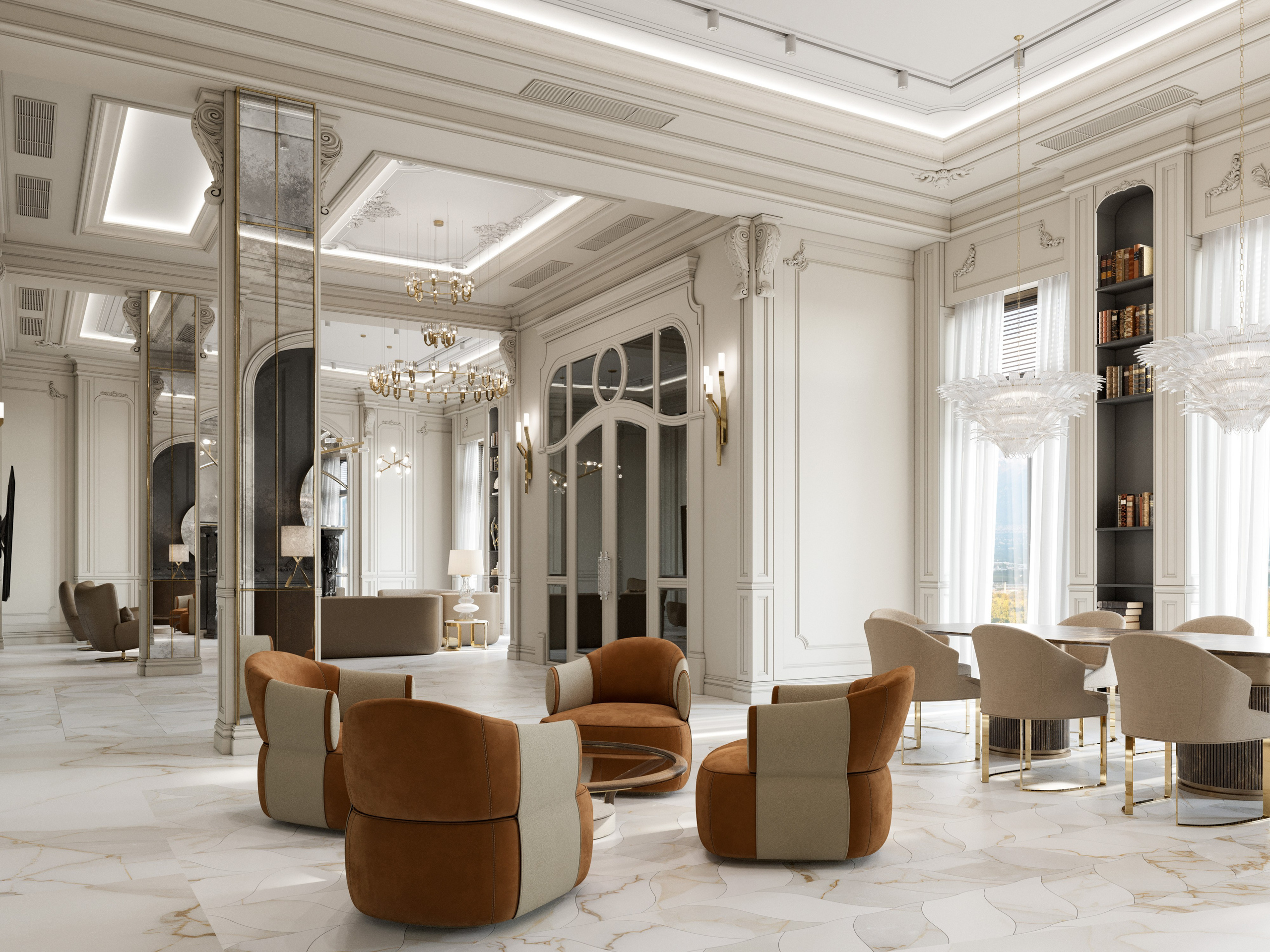 Лепной потолок с стеклянной люстрой в гостиной-столовой классического стиля