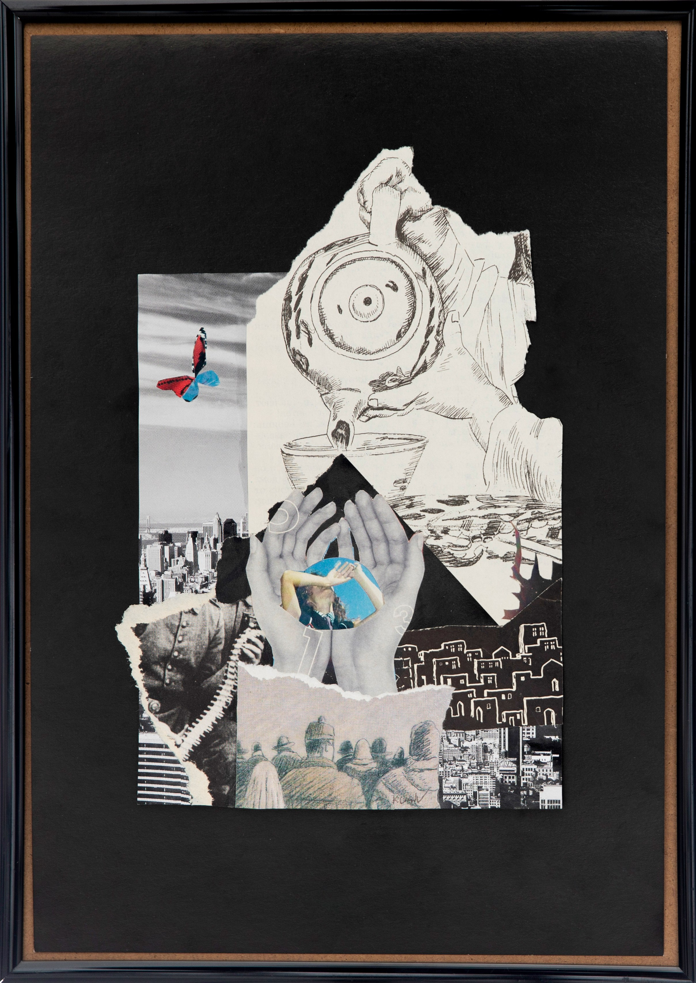 «Информационная перегрузка» Сверху на нас льется безостановочный поток информации. Он вездесущ и проникает в каждый дом, в каждую семью, в каждый разум, формируя единое сознание с общими интересами. Попытки защититься от него тщетны, каждого из нас невидимые руки заботливо возвращают под этот поток, а в это время бабочка правды улетает в неизвестном направлении. 21х30 см