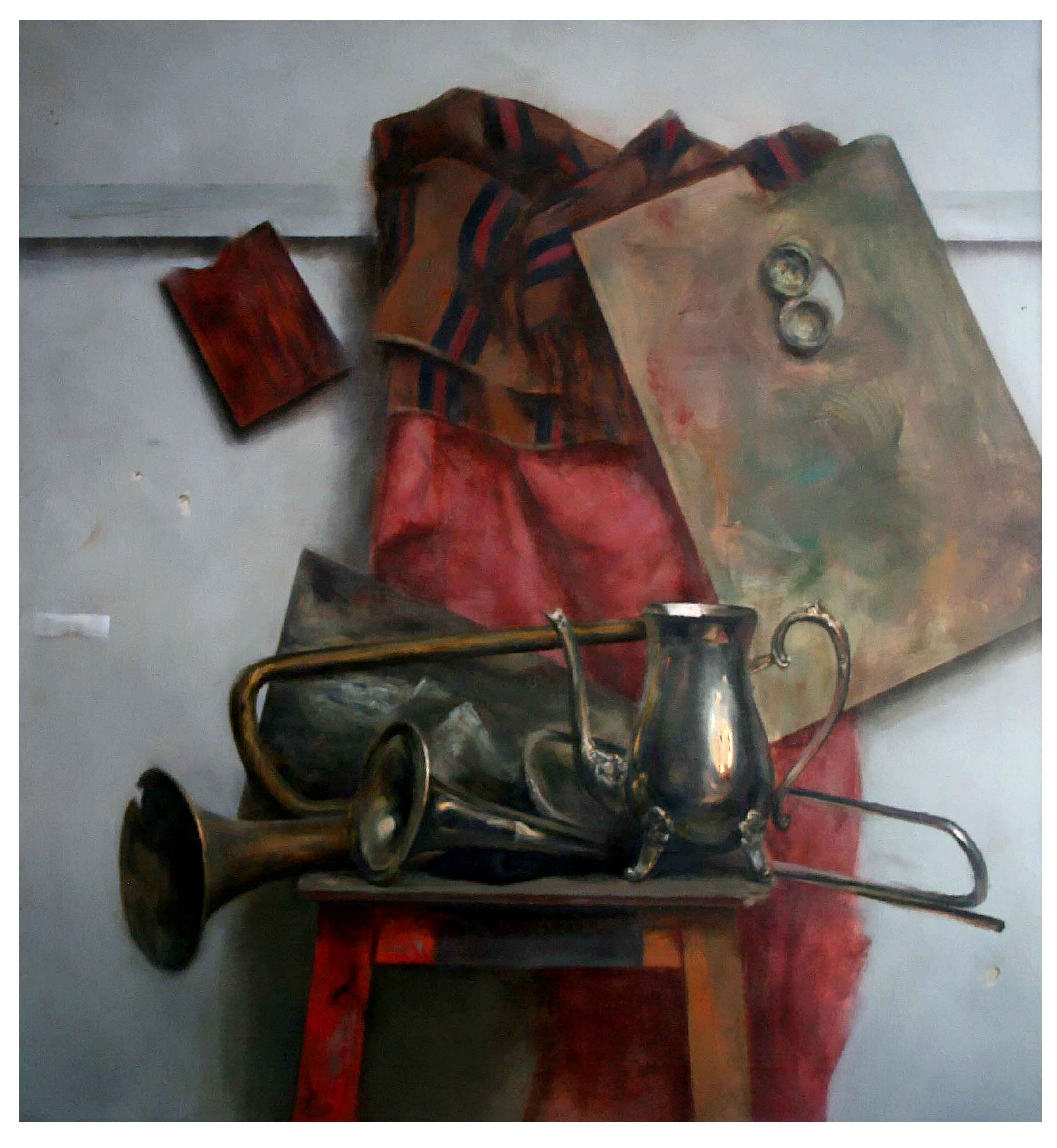 Натюрморт с палитрой и блестящими  металлическими предметами, выполнен маслом.