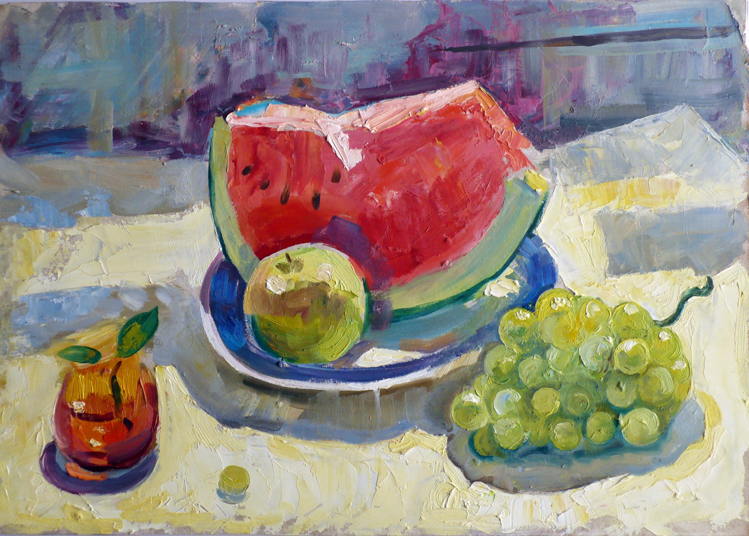 Натюрморт с виноградом и арбузом. Картон, масло. 2007 г.