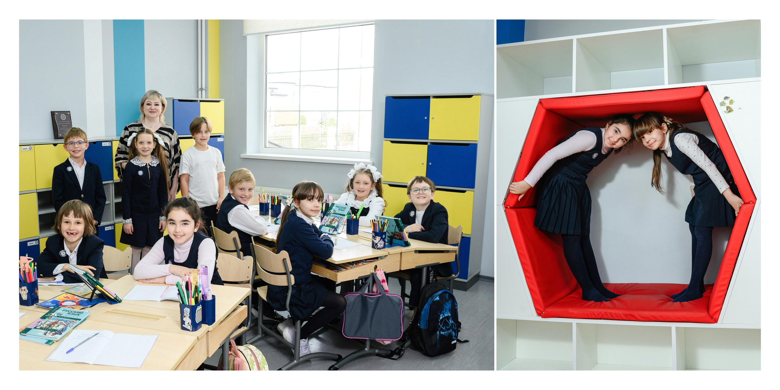 Разворот фотокниги: учебный класс за партами, работа на уроке и крупный кадр двух девочек в зоне рекреации.