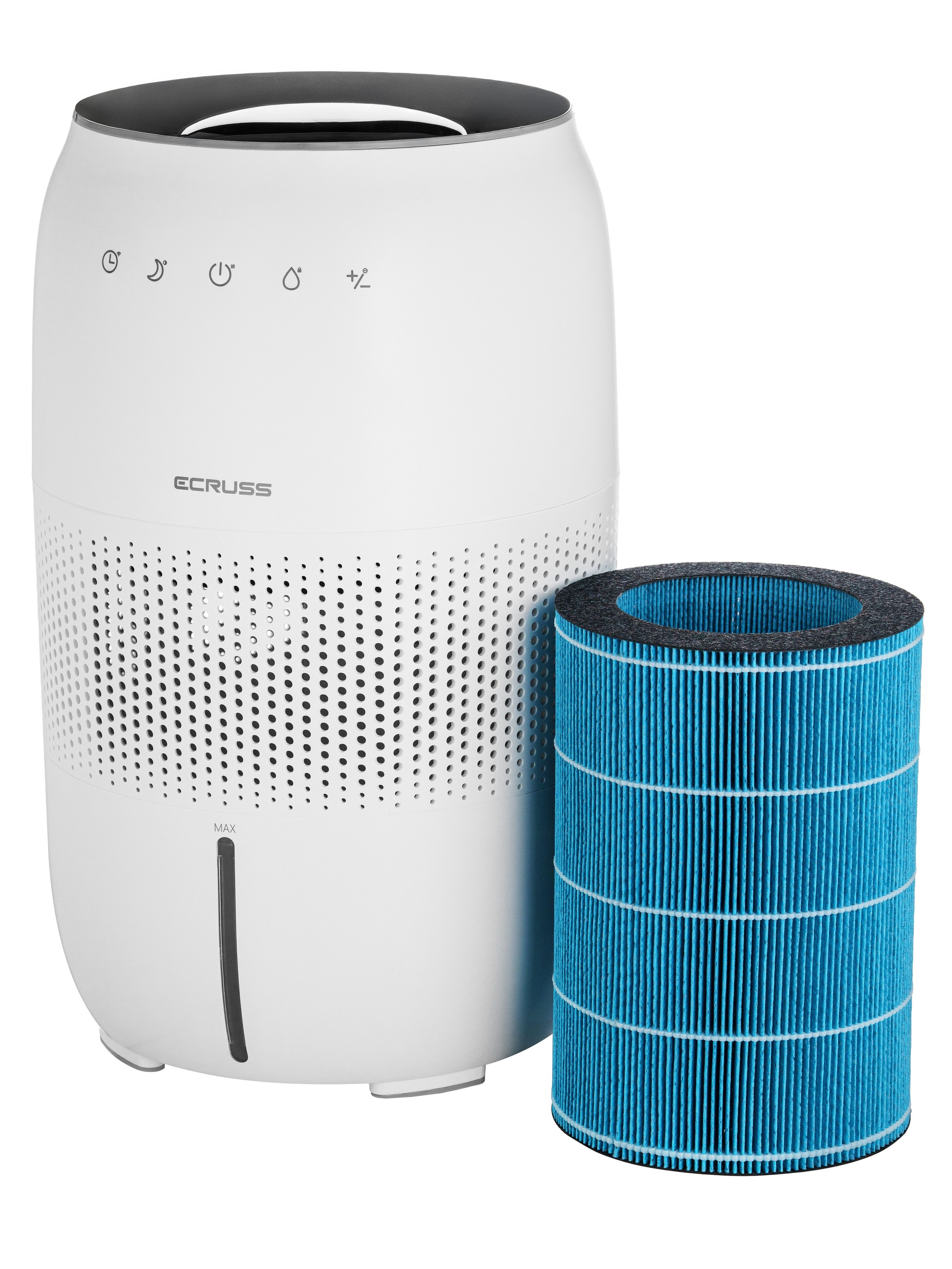 Очиститель воздуха Экрусс с демонстрацией фильтра — боковой ракурс, подчёркивает технологичность системы