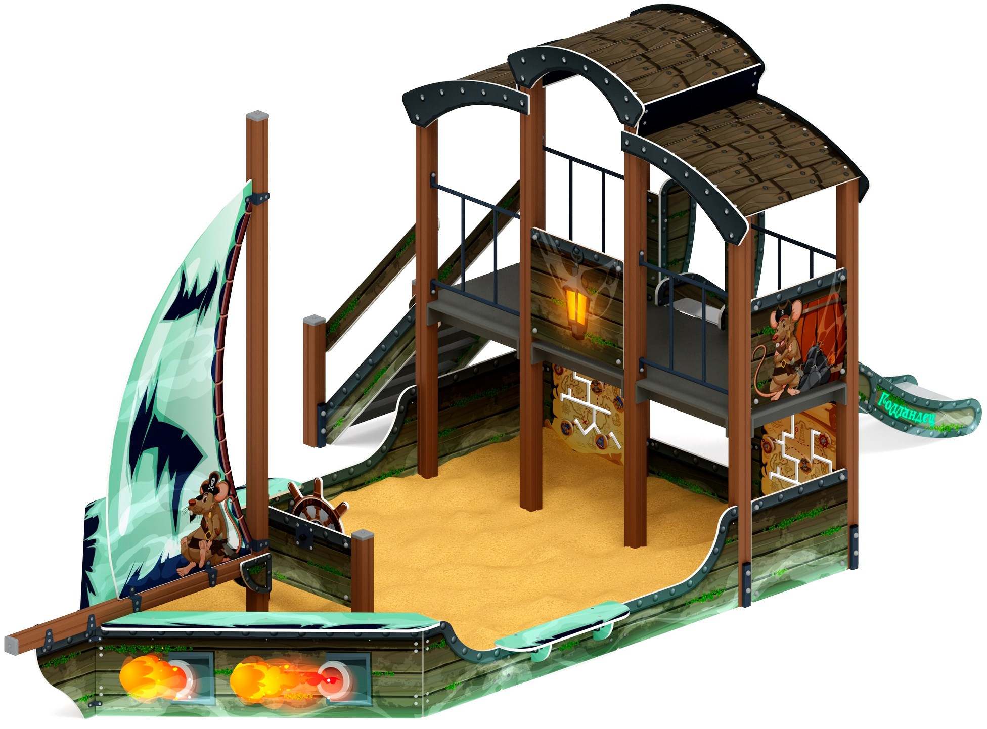 Парусник (Летучий Голландец) - ДИК 2.03.3.01-04 - Игровой комплекс Н=1200                                                                                                    Габариты (ШхДхВ): 7760х3950х3500                                                                                                                                                                     Зона безопасности, мм: 11260х6950                                                                                                                                                                 Скат горки: H=1200 (металлический скат)                                                                                                                                           Возрастные ограничения от 5 до 12 лет