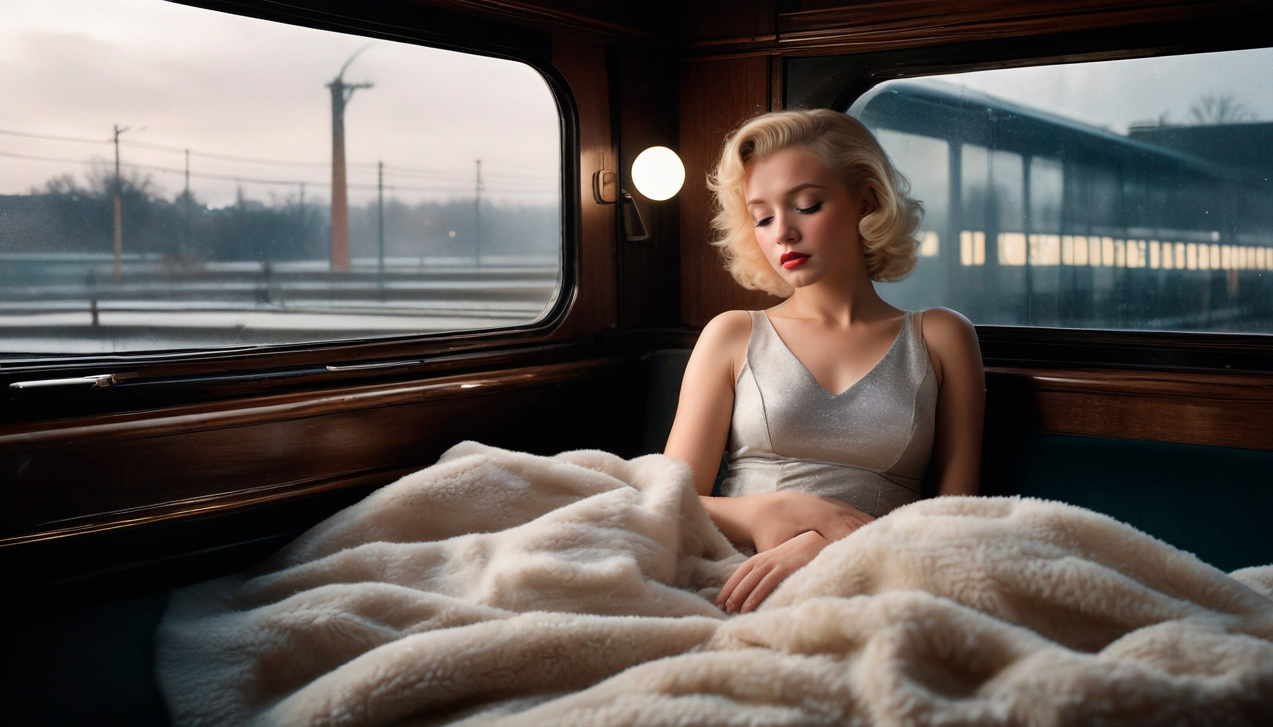 Мэрилин Монро дремлет полусидя  в купе,укрывается белым одеялом.