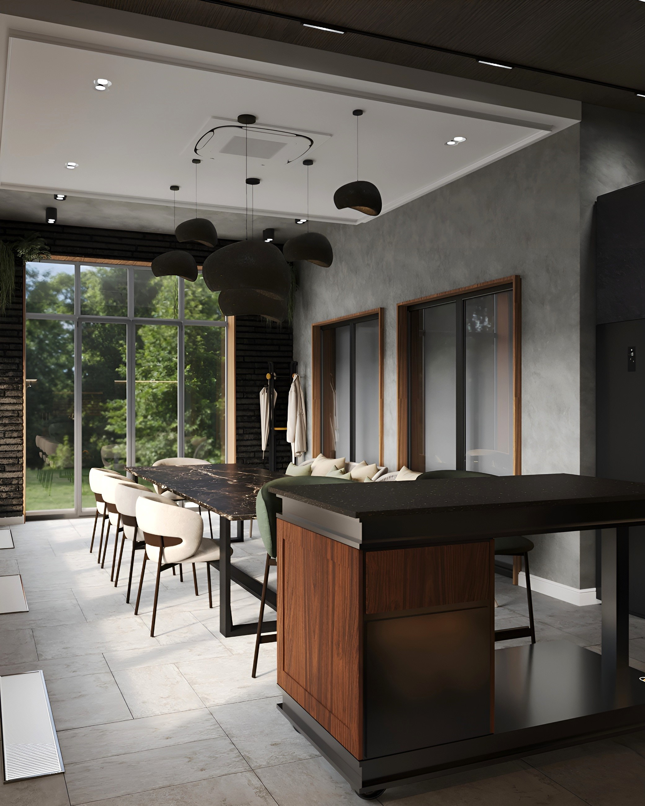 Терраса в загородном доме с камином. 3D Визуализация интерьеров жилых и коммерческих помещений