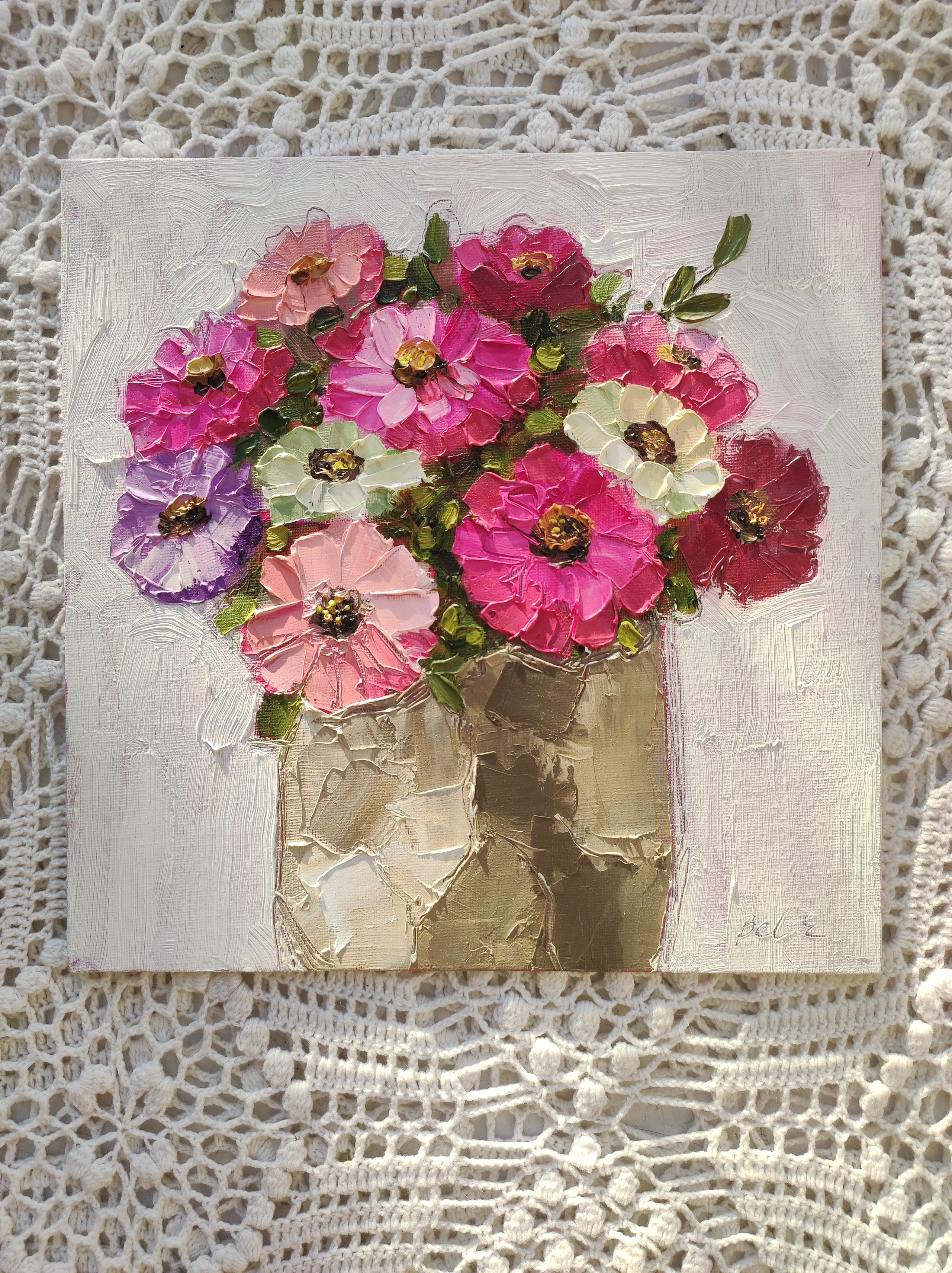 Фактурная картина маслом — букет цветов в стиле современной живописи.