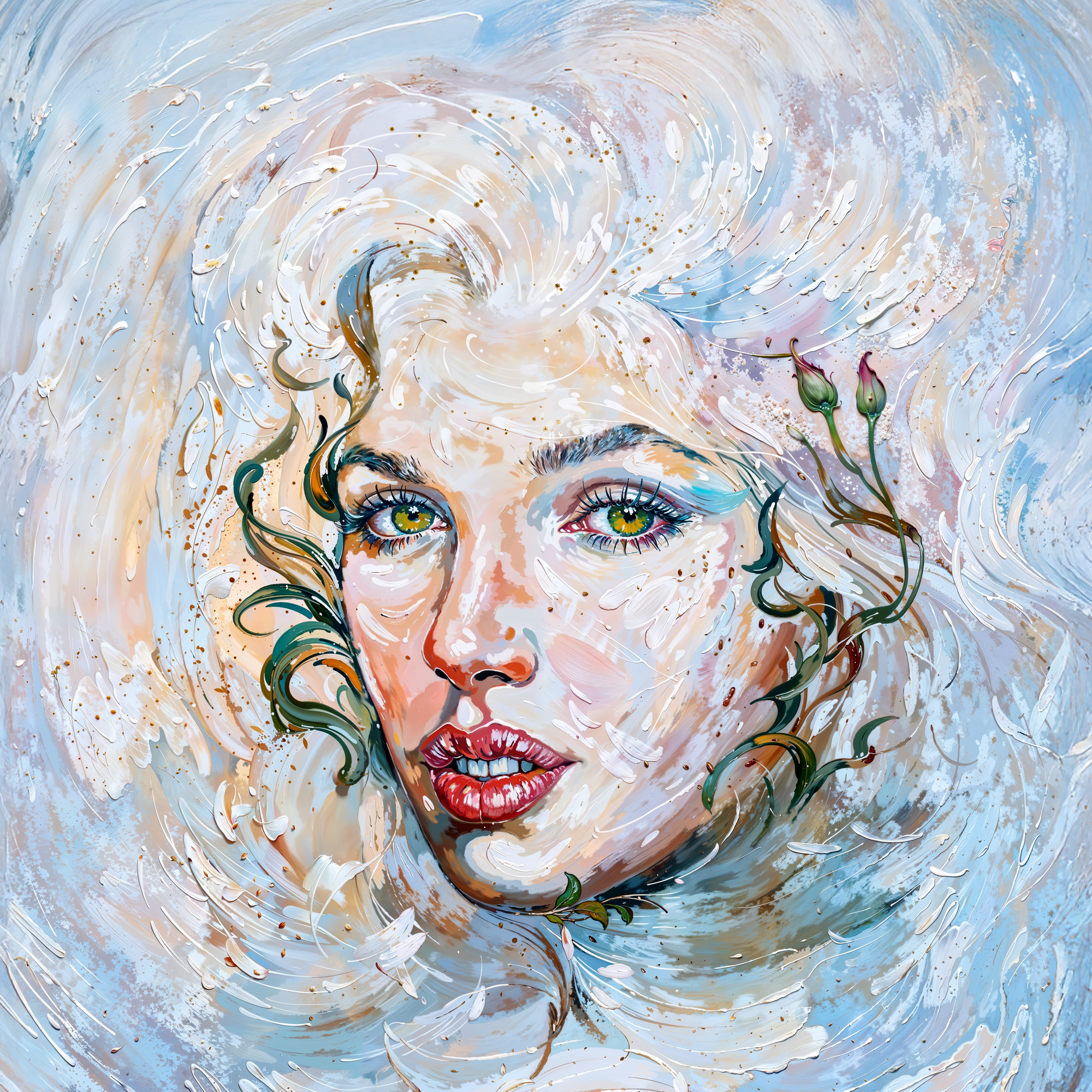 Портрет Мэрилин Монро, созданный из завитков, цветочных элементов и листьев, адаптация в стиле Олега Шупляка, доработка Olegorizm.