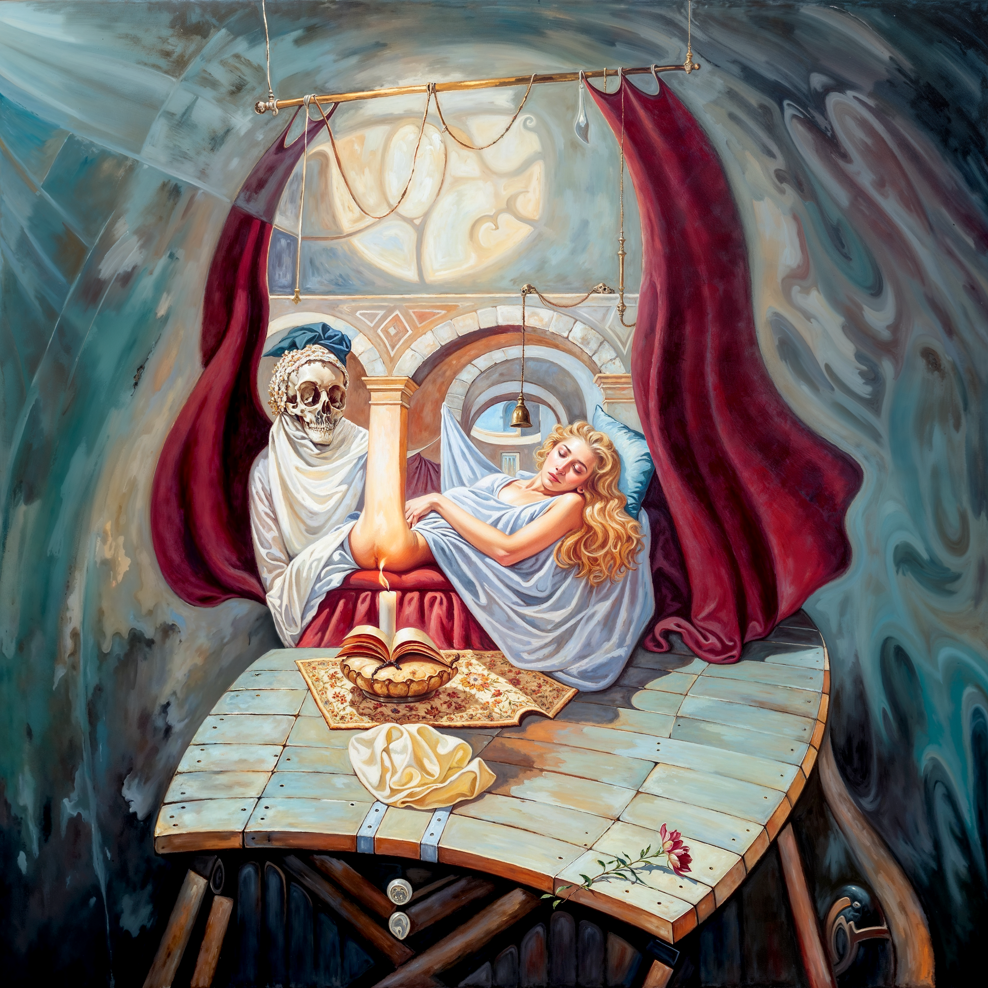 Иллюзия черепа, образованная из тела женщины, лампы и фигуры в саване. Работа вдохновлена стилем Олега Шупляка и выполнена в цифровой адаптации с элементами символизма.