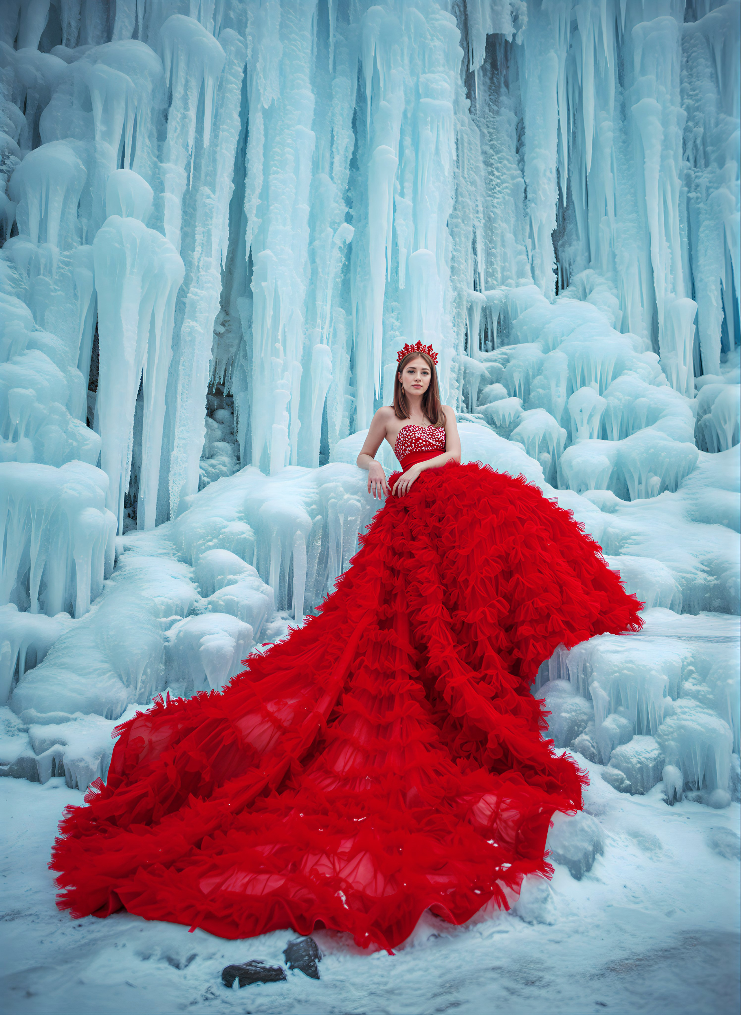 (Арт. 016-К) Красное каскадное платье со шлейфом. Туры на Байкал с фотографом под ключ. Фотосессии на Ольхоне