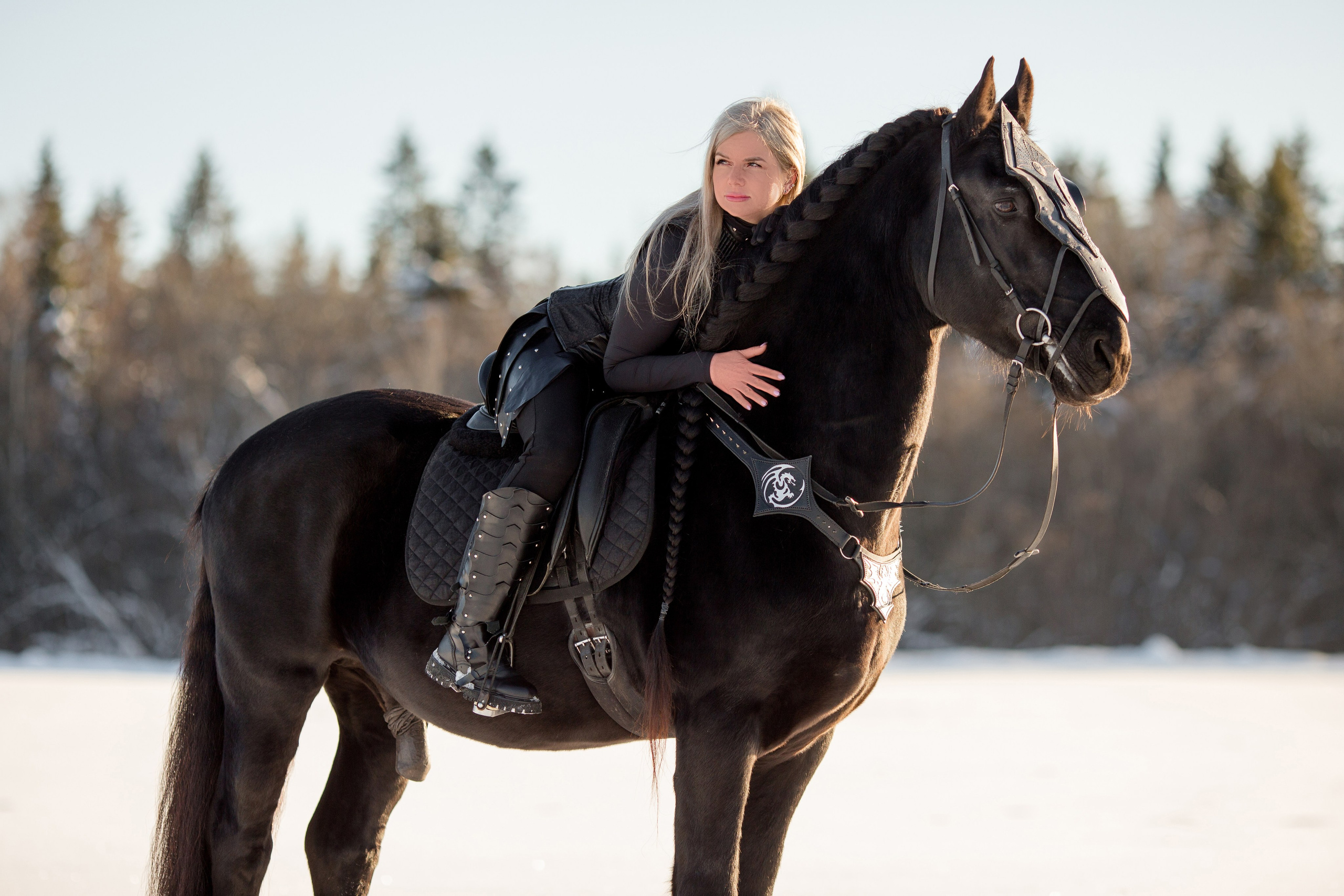 Зимняя фотосессия в скандинавском стиле с лошадью