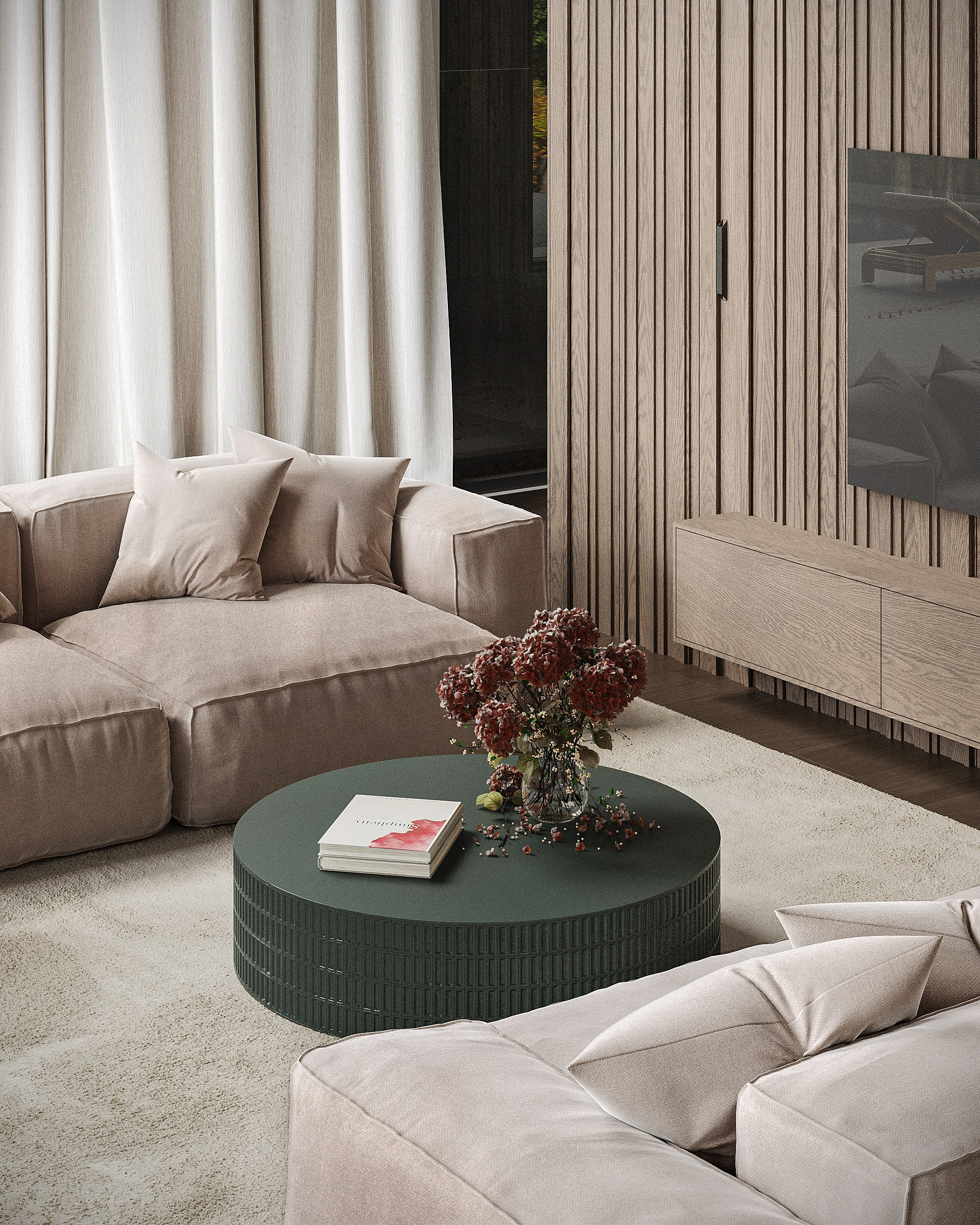 Дизайн интерьера дома из бруса с камином в центре дома.