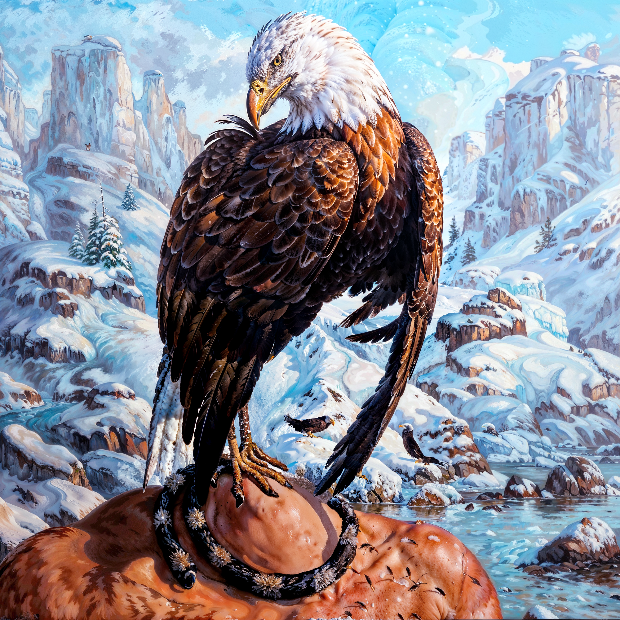 Орел, превращающийся в мужское лицо на фоне зимнего каньона