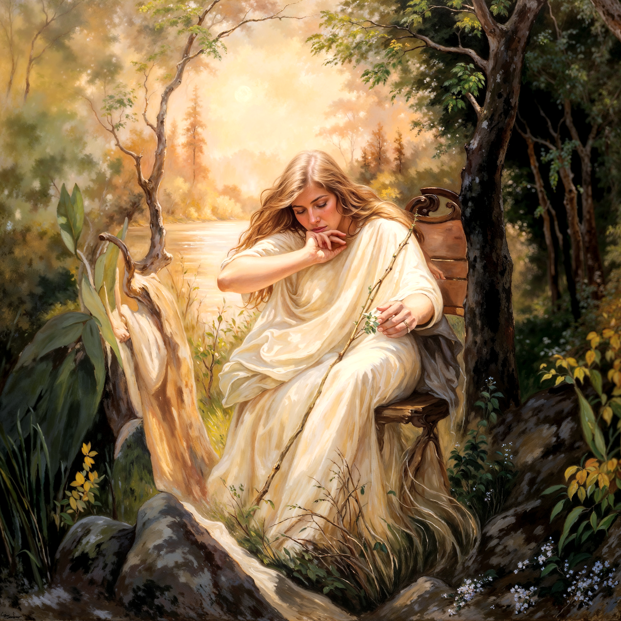 Девушка в белом платье у лесной реки, образ сливается с природой. Иллюзорная сцена, созданная на основе работы Олега Шупляка и переработанная для цифровой адаптации.