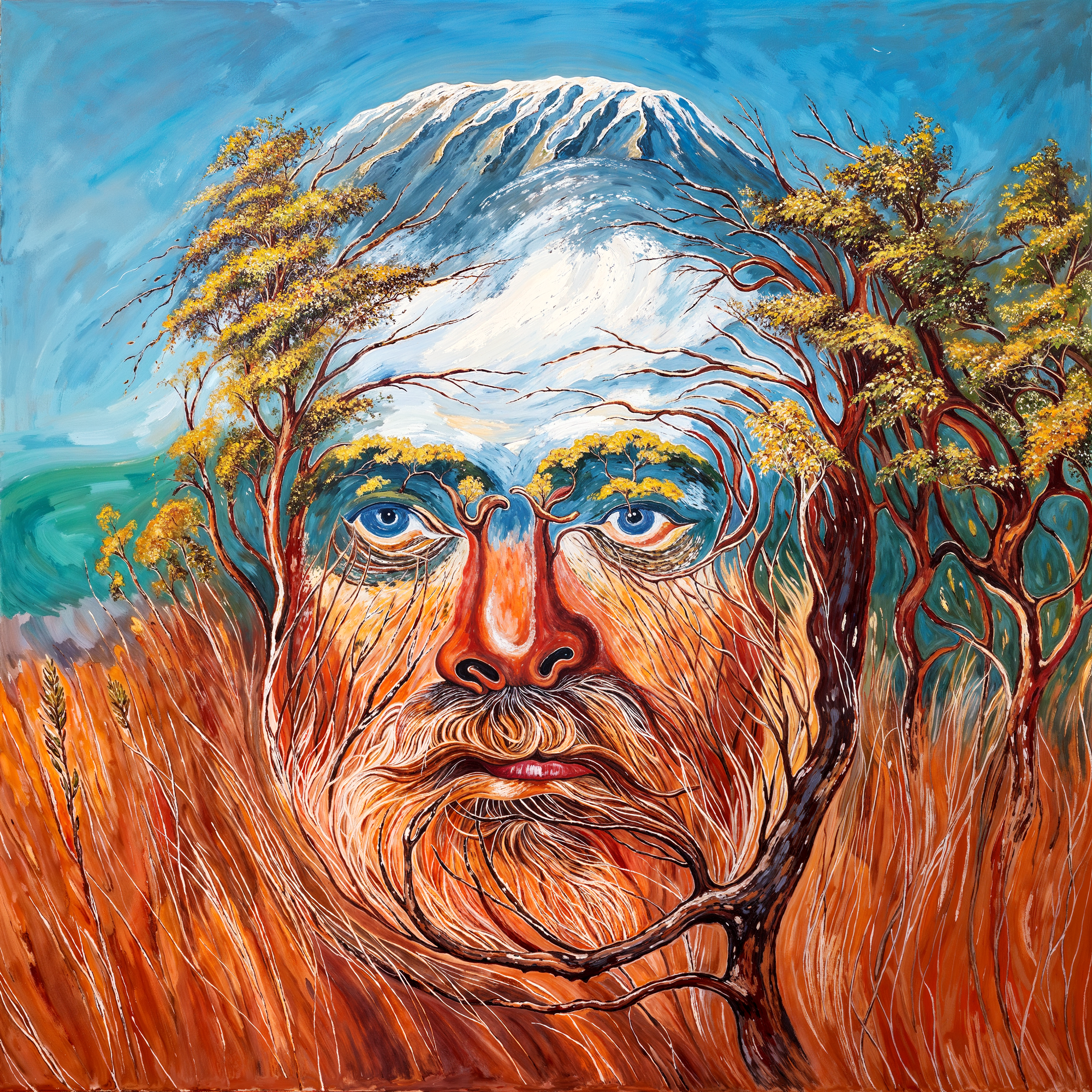 Оптическая иллюзия мужского лица, созданная из деревьев, травы и горного пейзажа, вдохновлённая творчеством Олега Шупляка.