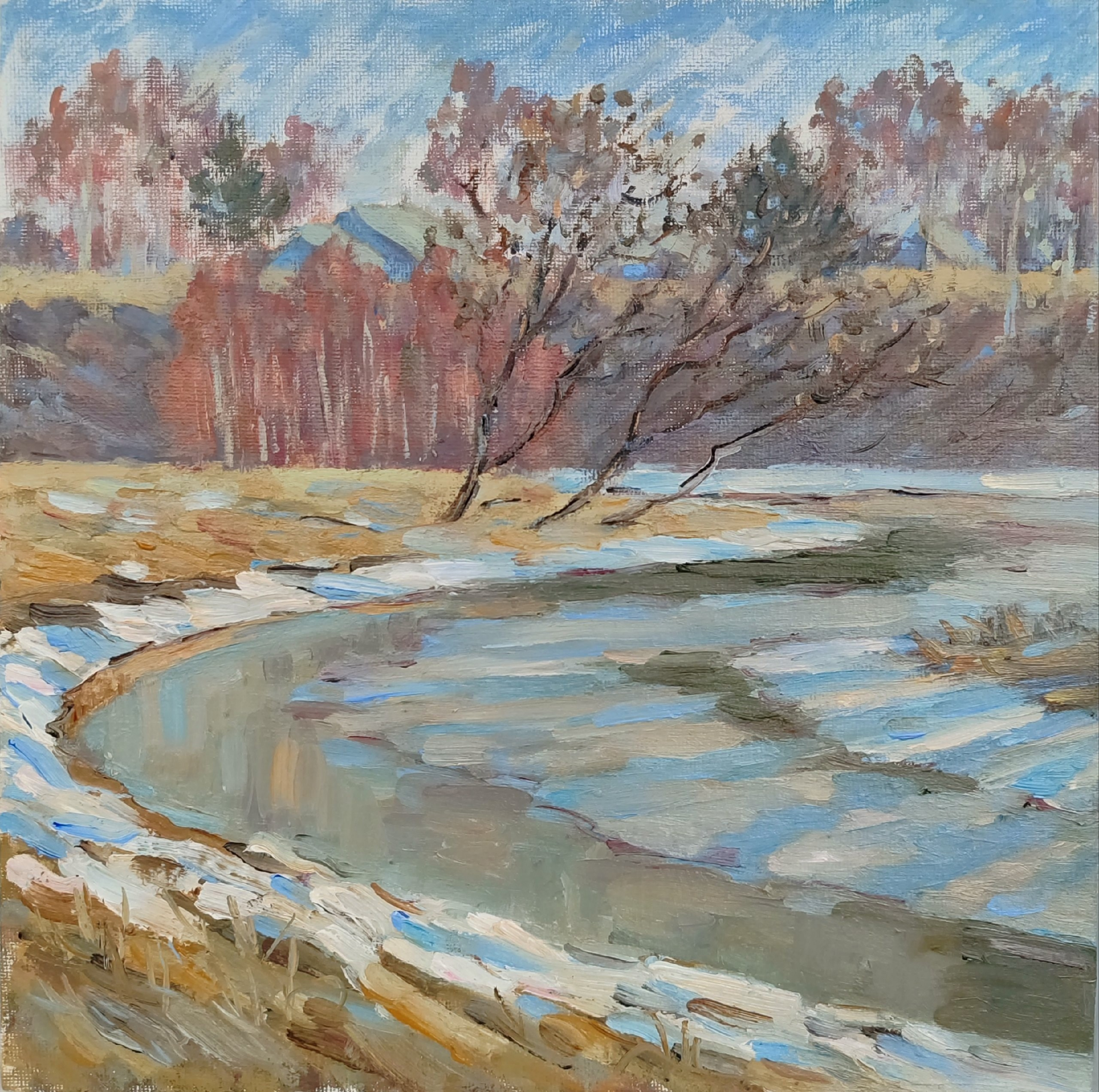 Картина маслом, весенний пейзаж на берегу реки с тающими снегами и синими тенями