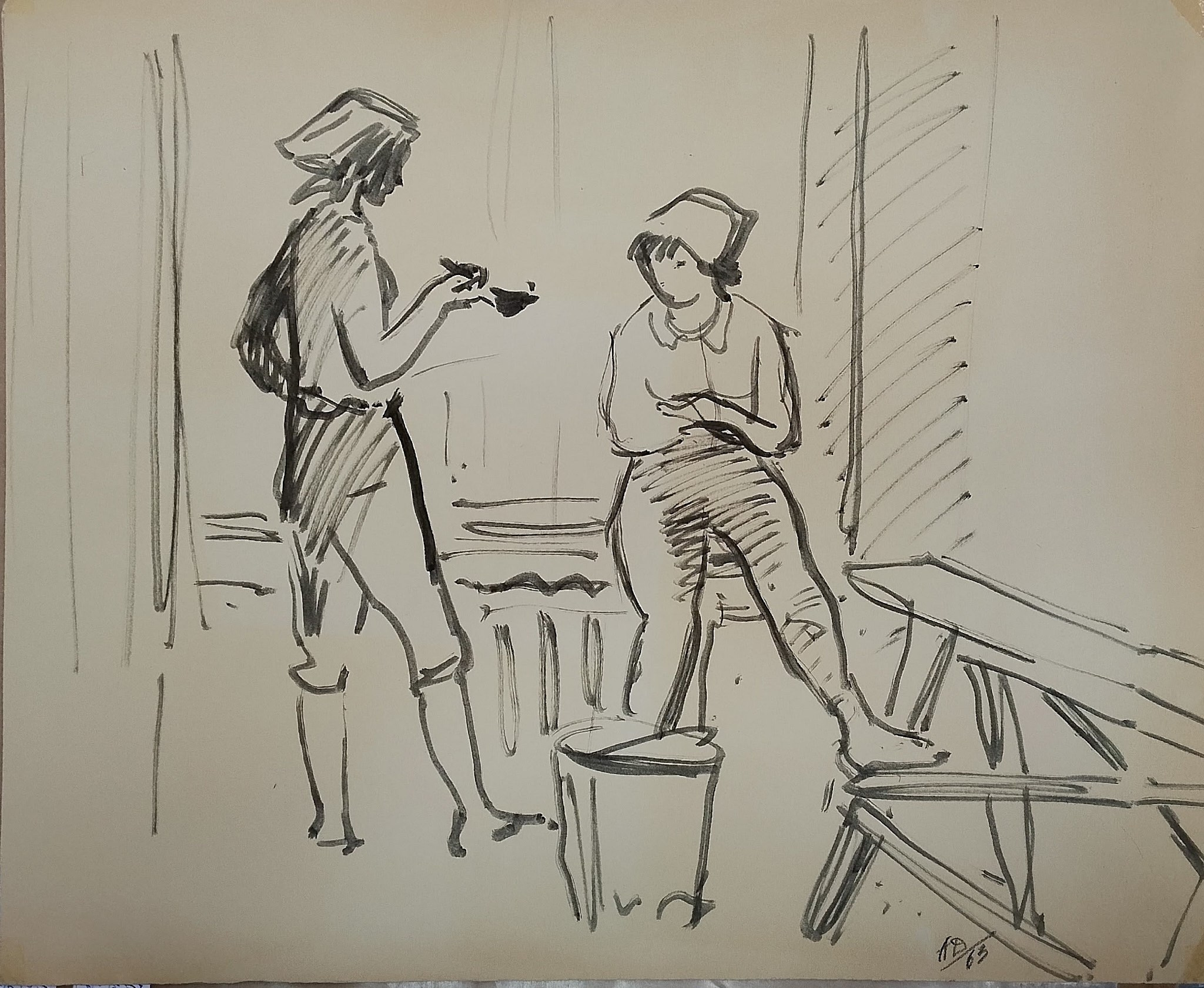 Александр Дудников "Девочки-строительницы" бумага, тушь, 1963 г.