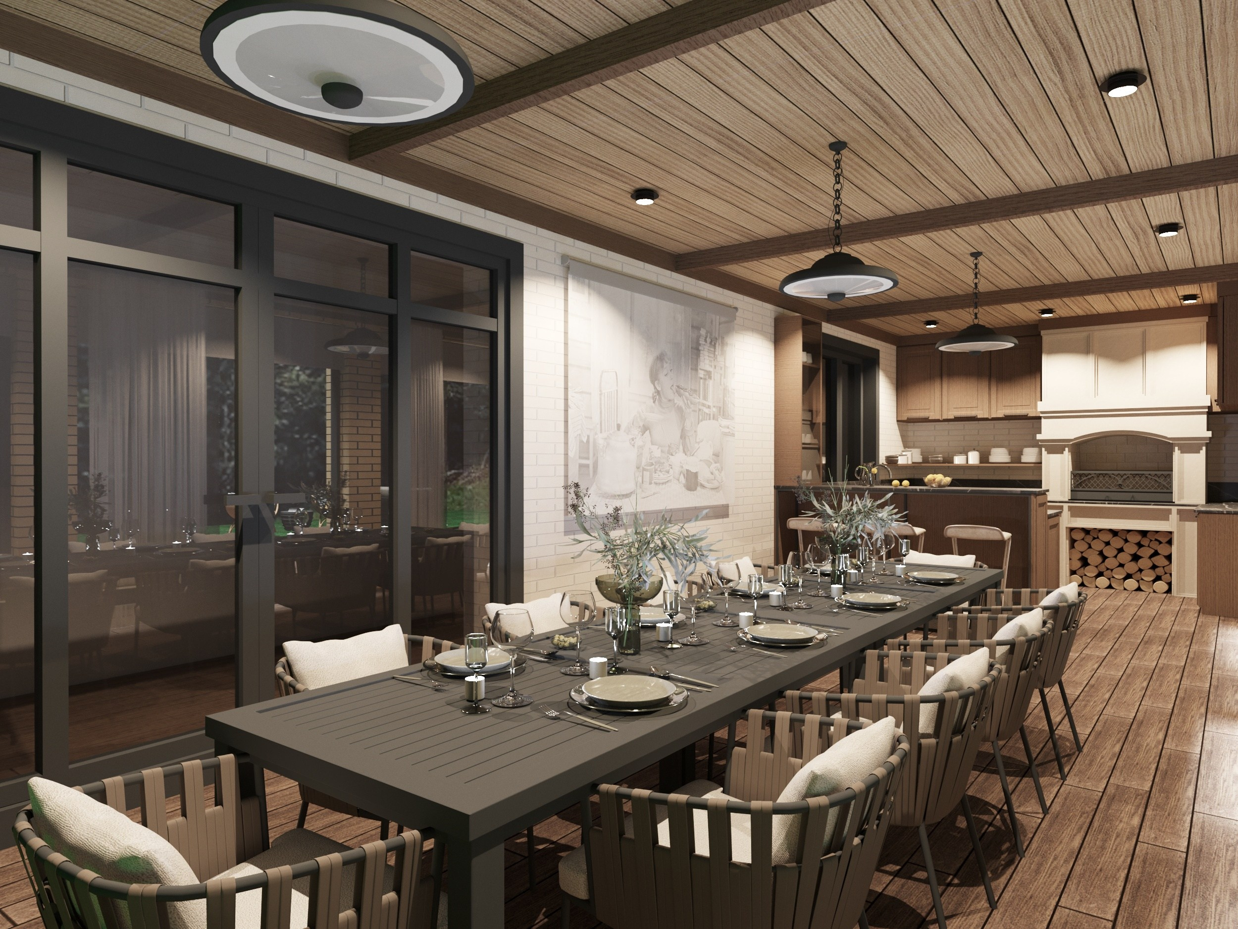 терраса с безрамным остеклением, летняя кухня с барбекю 