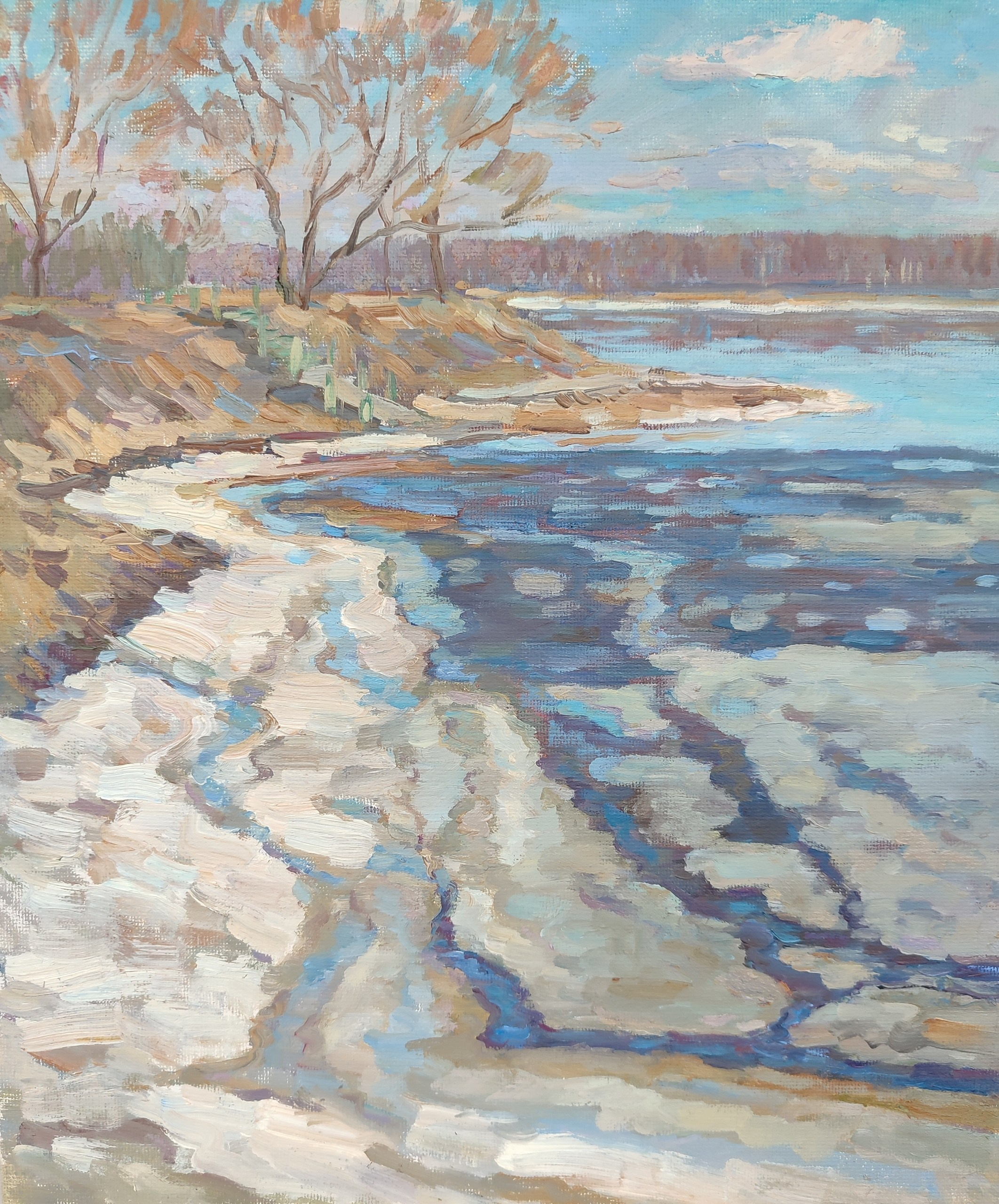 Картина с изображением весны и тающих льдов на реке