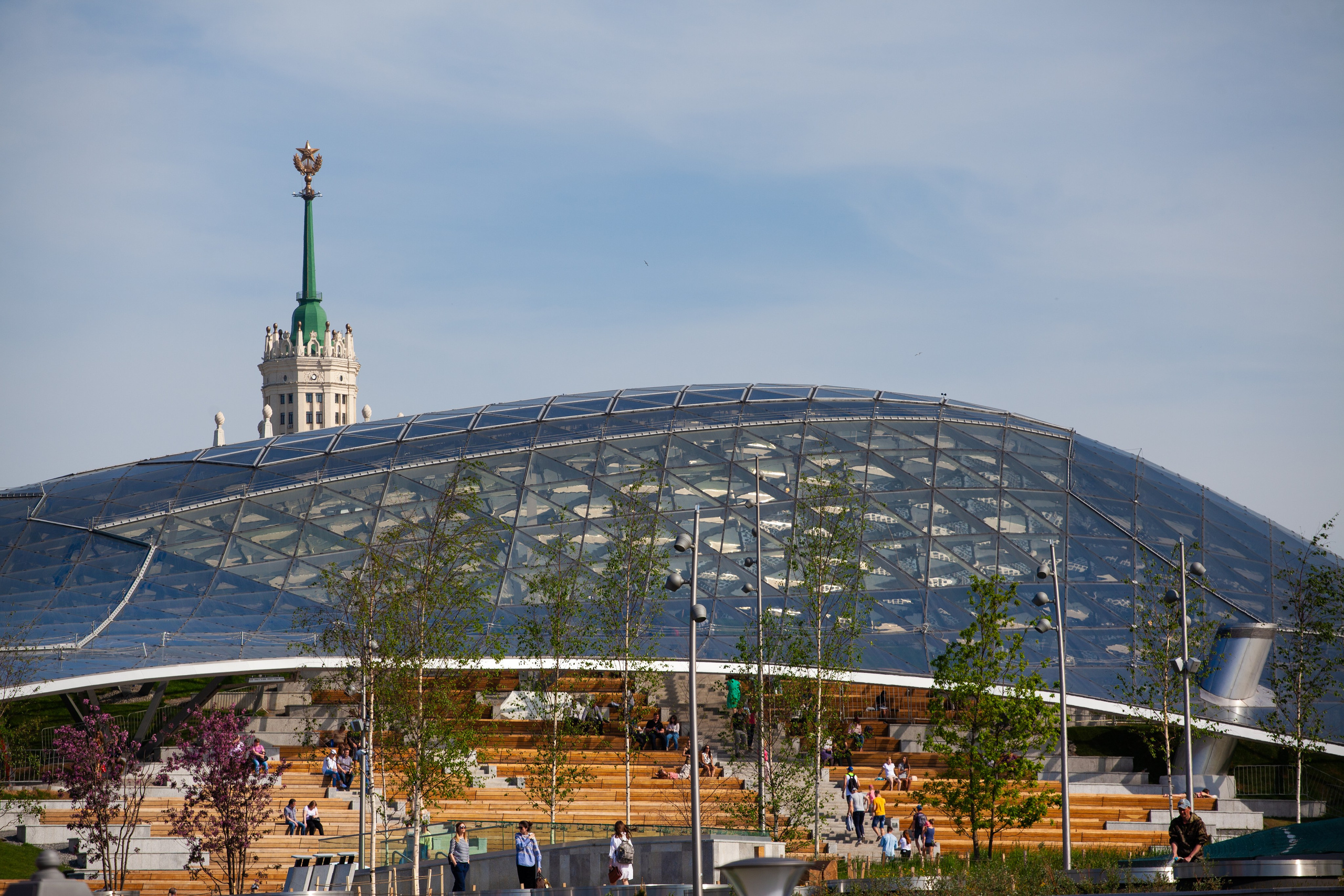 Zaryadye Park, with one of the seven Stalinist Skyscrapers in the background, Moscow, Russia