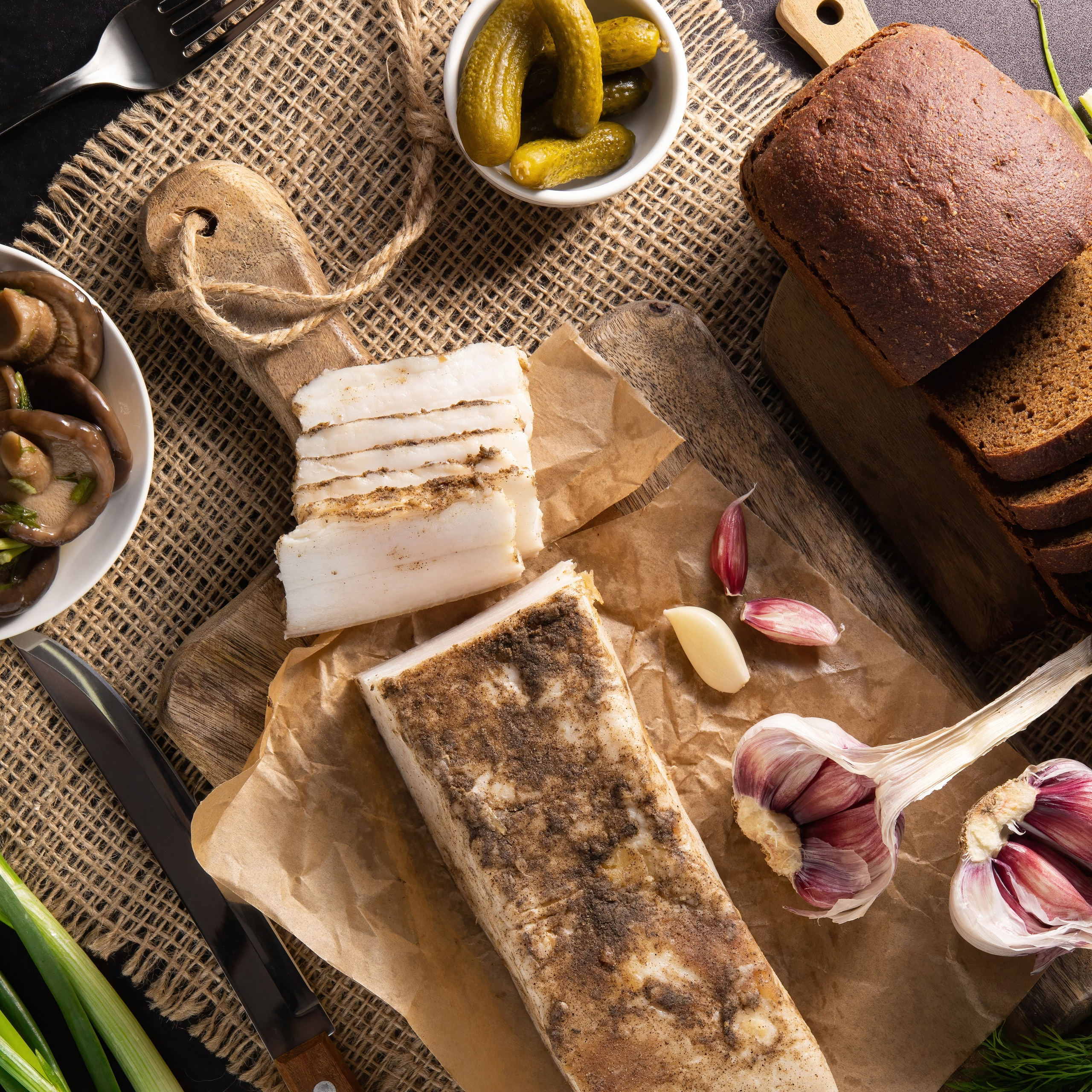 Соленое сало нарезанное на доске с солеными огурчиками