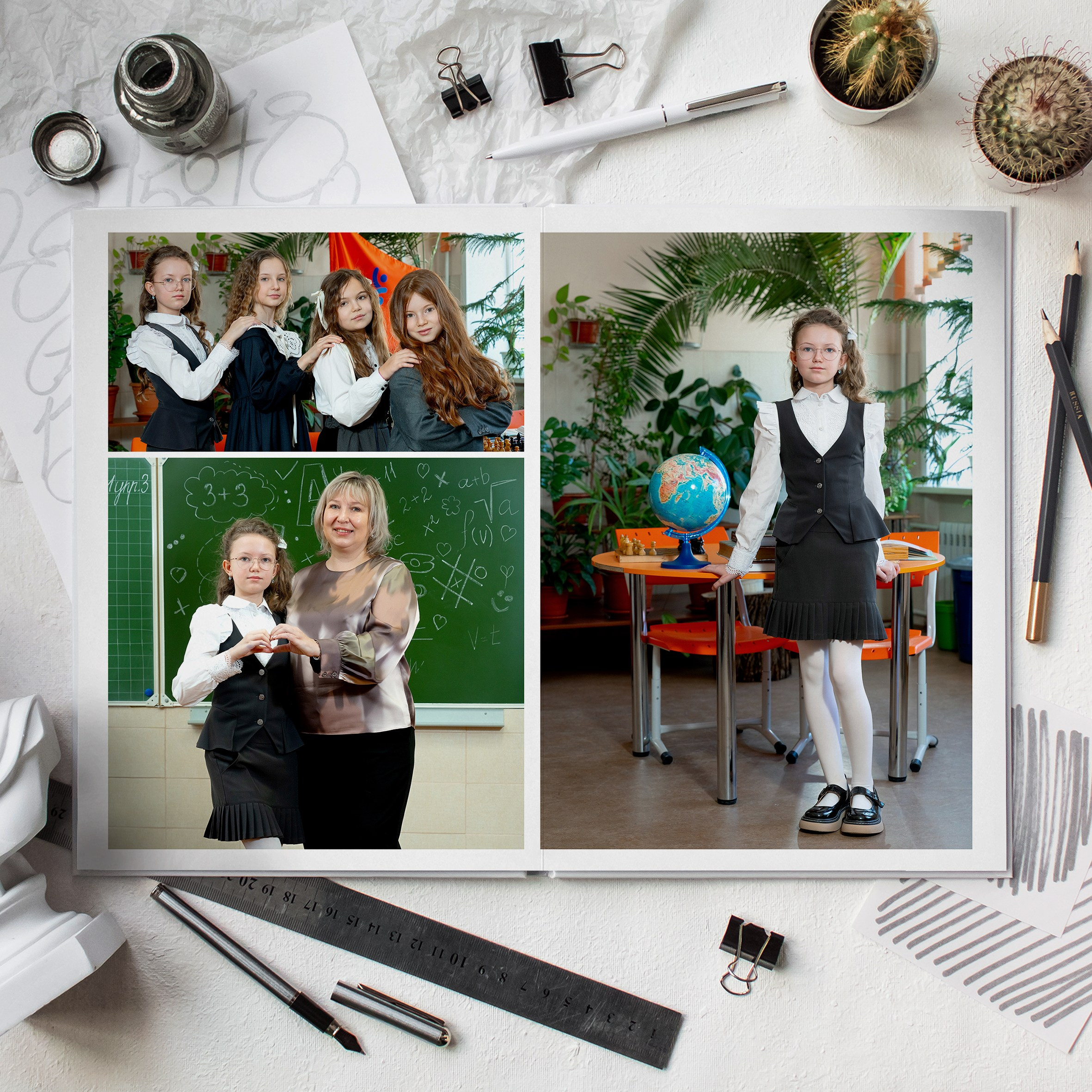 Портрет выпускницы на фоне парты и глобуса