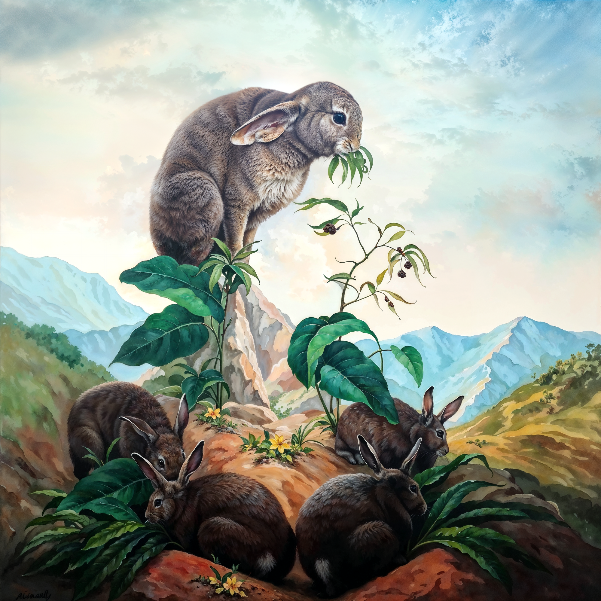 Кролики на фоне гор образуют лицо — оптическая иллюзия в стиле Artush Voskanyan