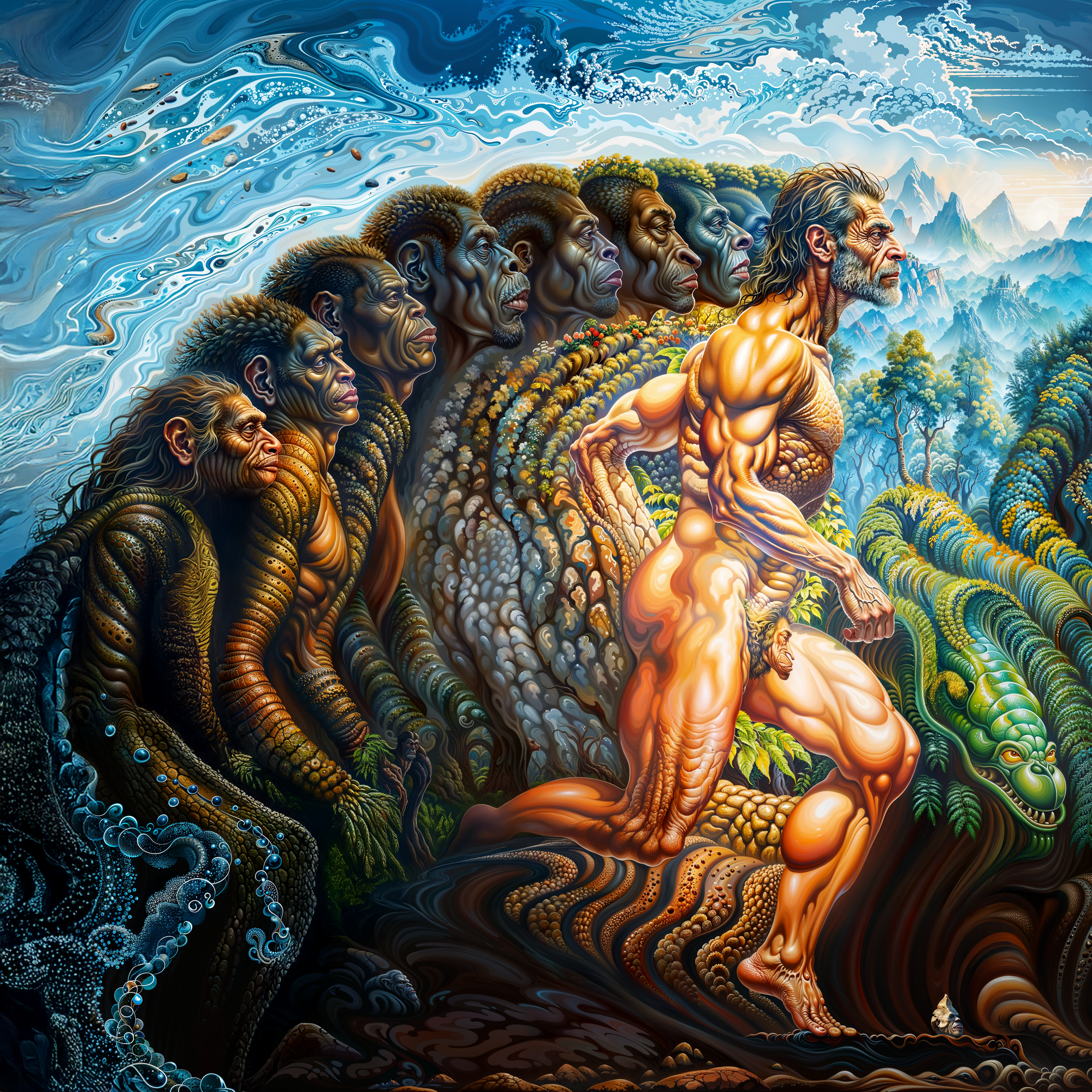 Картина с мускулистым мужчиной, выходящим из цепочки приматов, с фоном, переходящим от морской пены к горам, в стиле Окампо