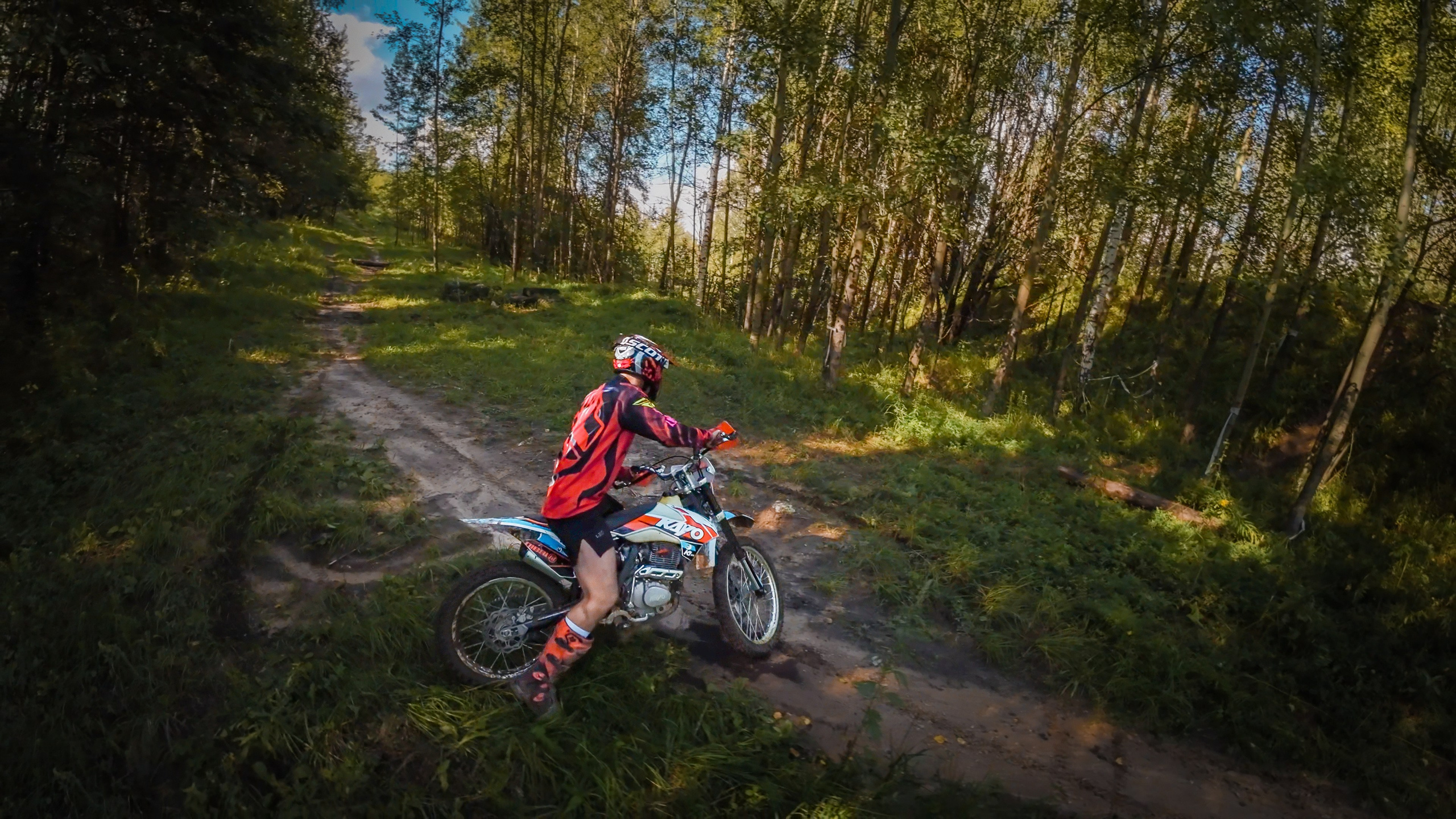 мужчина на кроссовом мотоцикле в лесу, эндуро, лес, трава, песок, лето, солнце