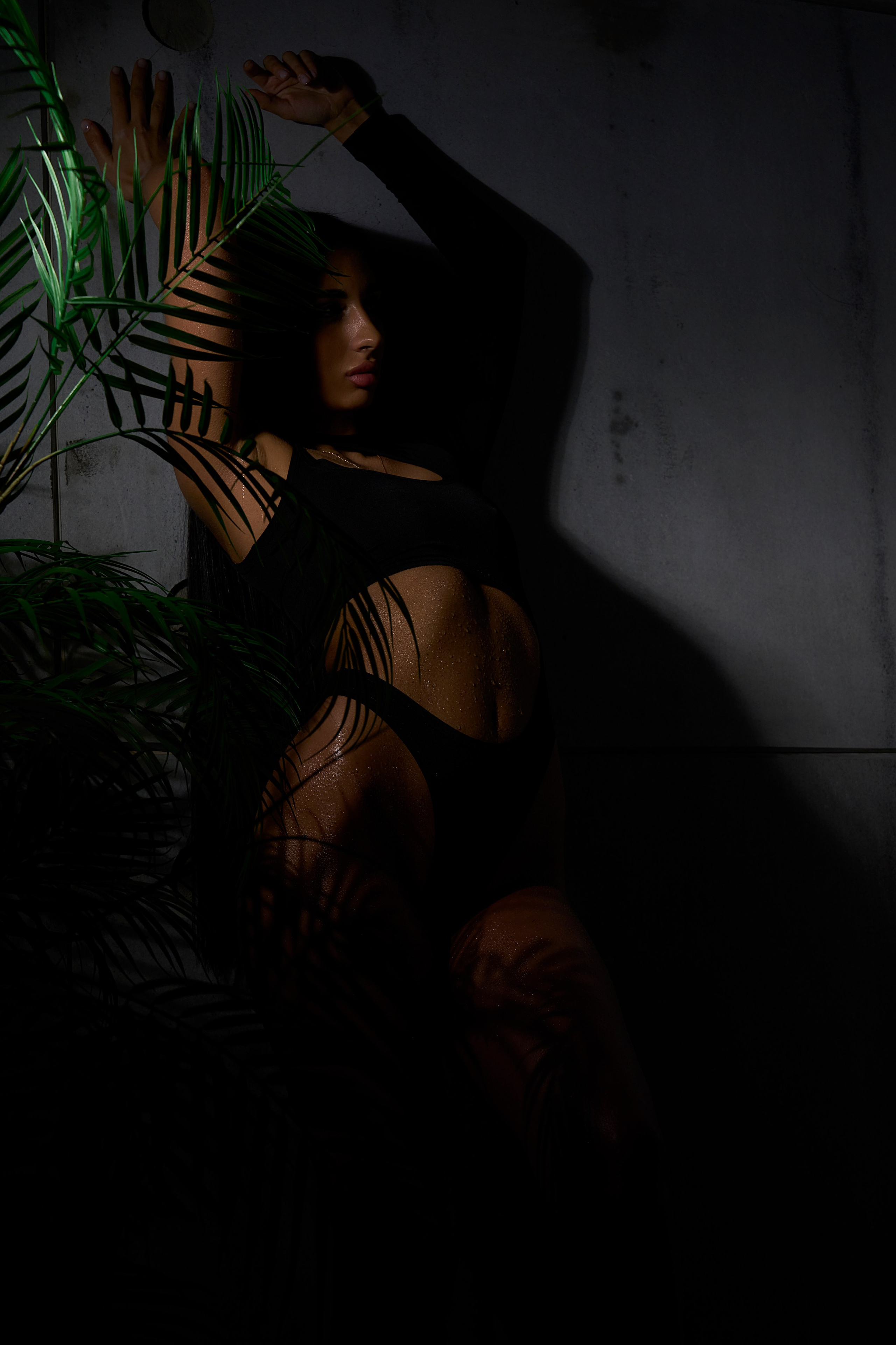 Фотосессия ню в Москве: женская фигура среди теней и листьев, тёплый свет на коже, студийная атмосфера и пластика