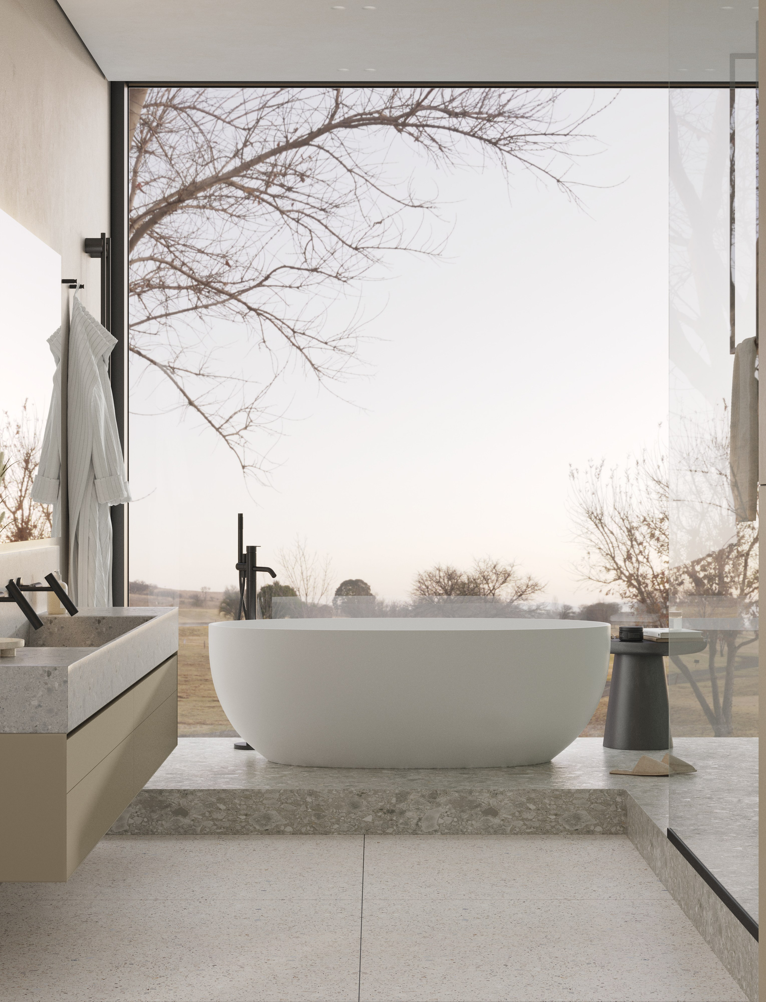 3д визуализация ванной комнаты с большим окном в интерьере дома в современном  стиле 