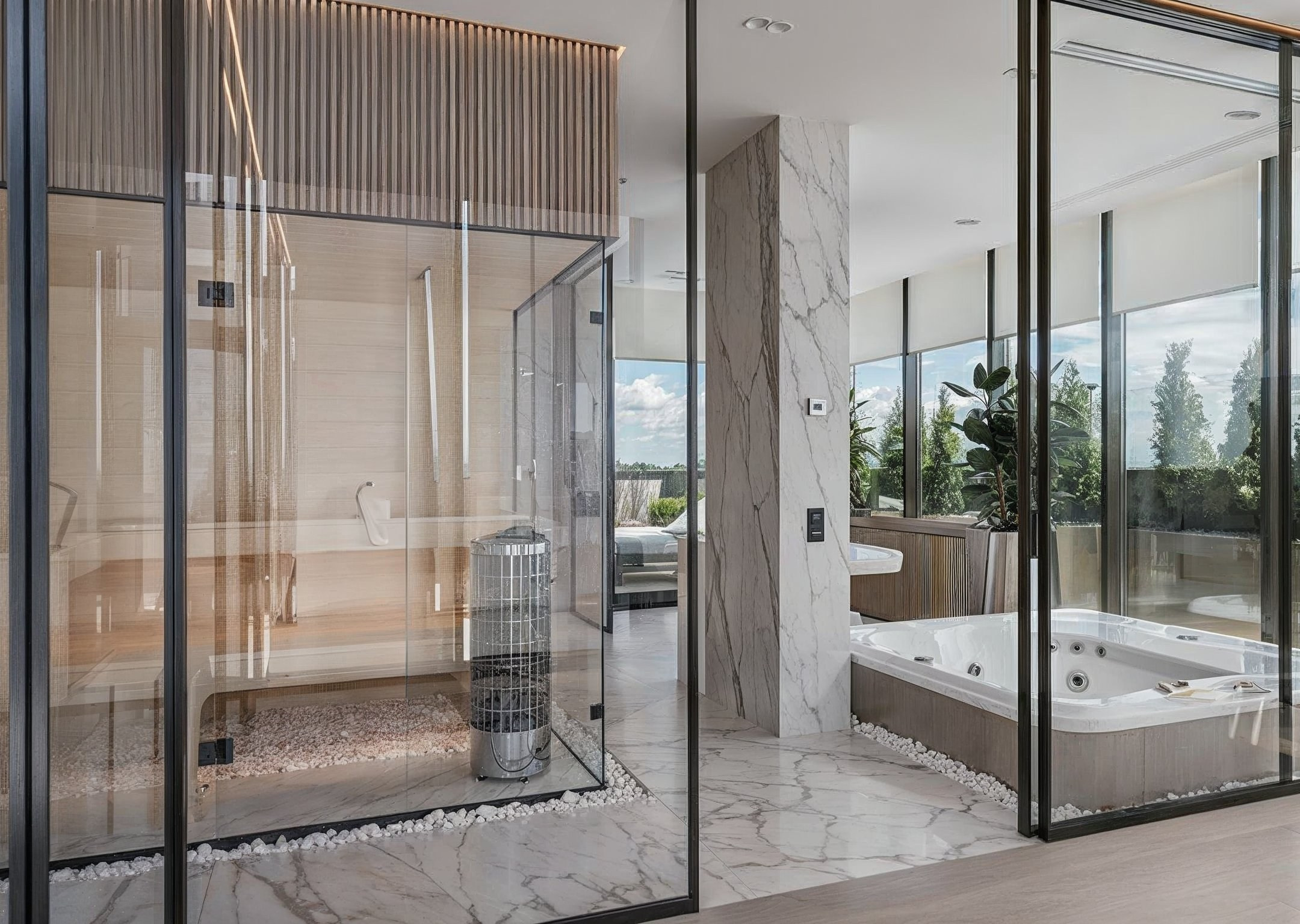 Спа-зона с сауной, джакузи и мраморной отделкой — современный интерьер Валерии Котович